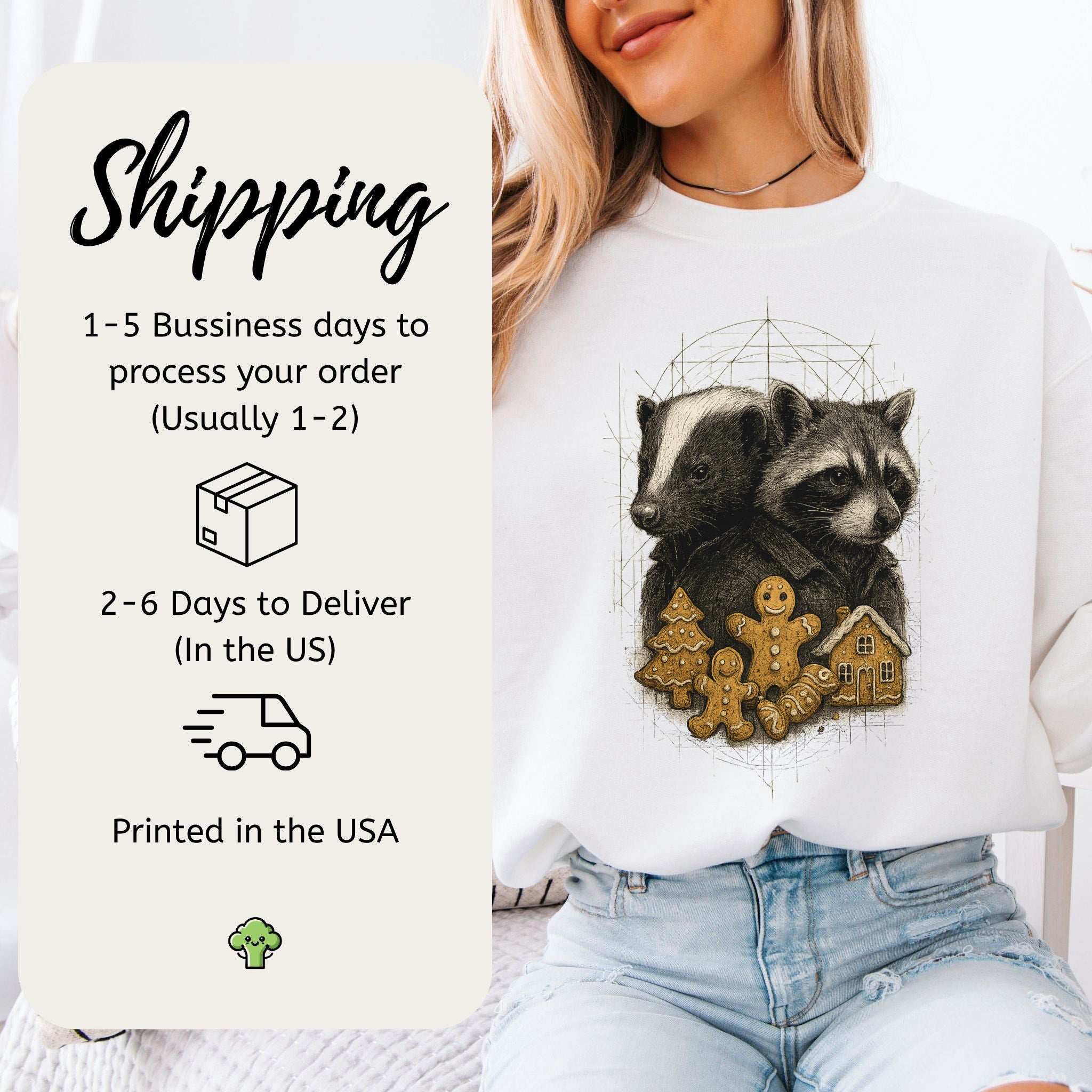 Skunk & Raccoon Christmas Sweatshirt – Gingerbread Mischief & Forest Charm