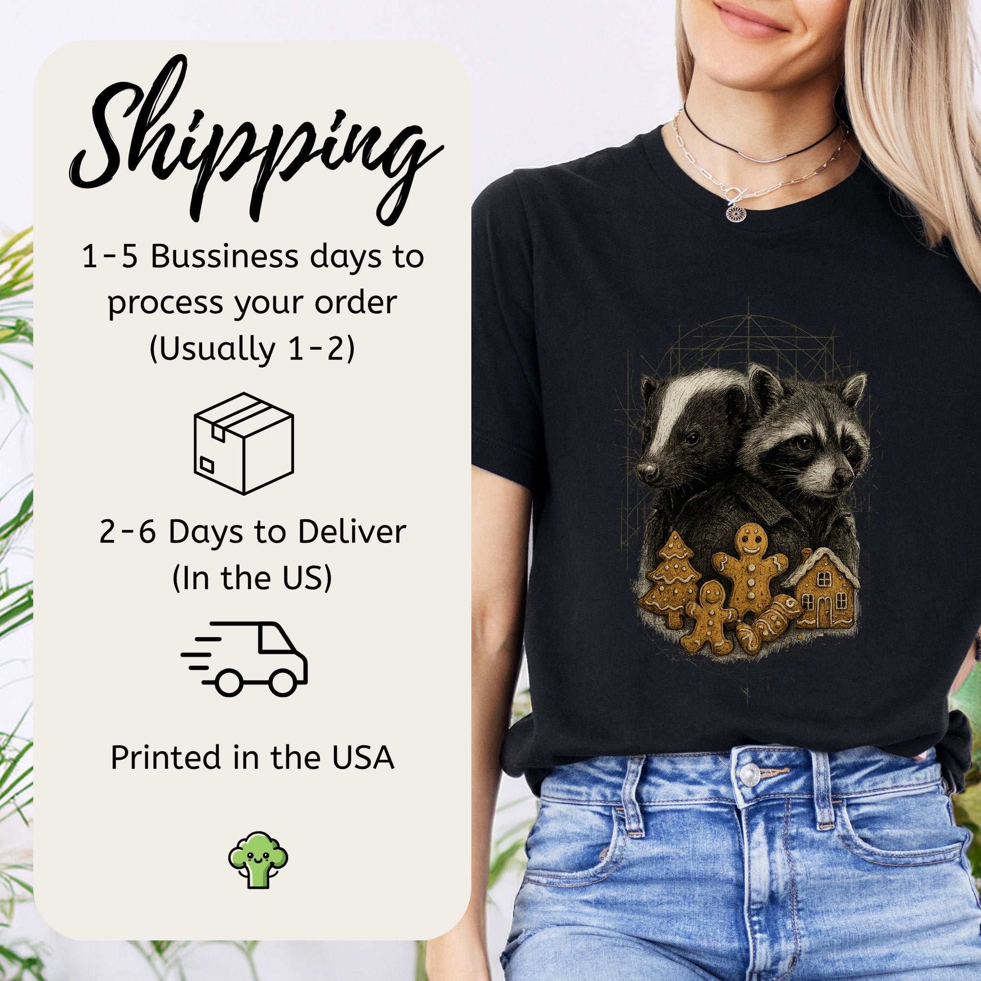 Skunk & Raccoon Christmas T-Shirt – Gingerbread Mischief & Forest Charm