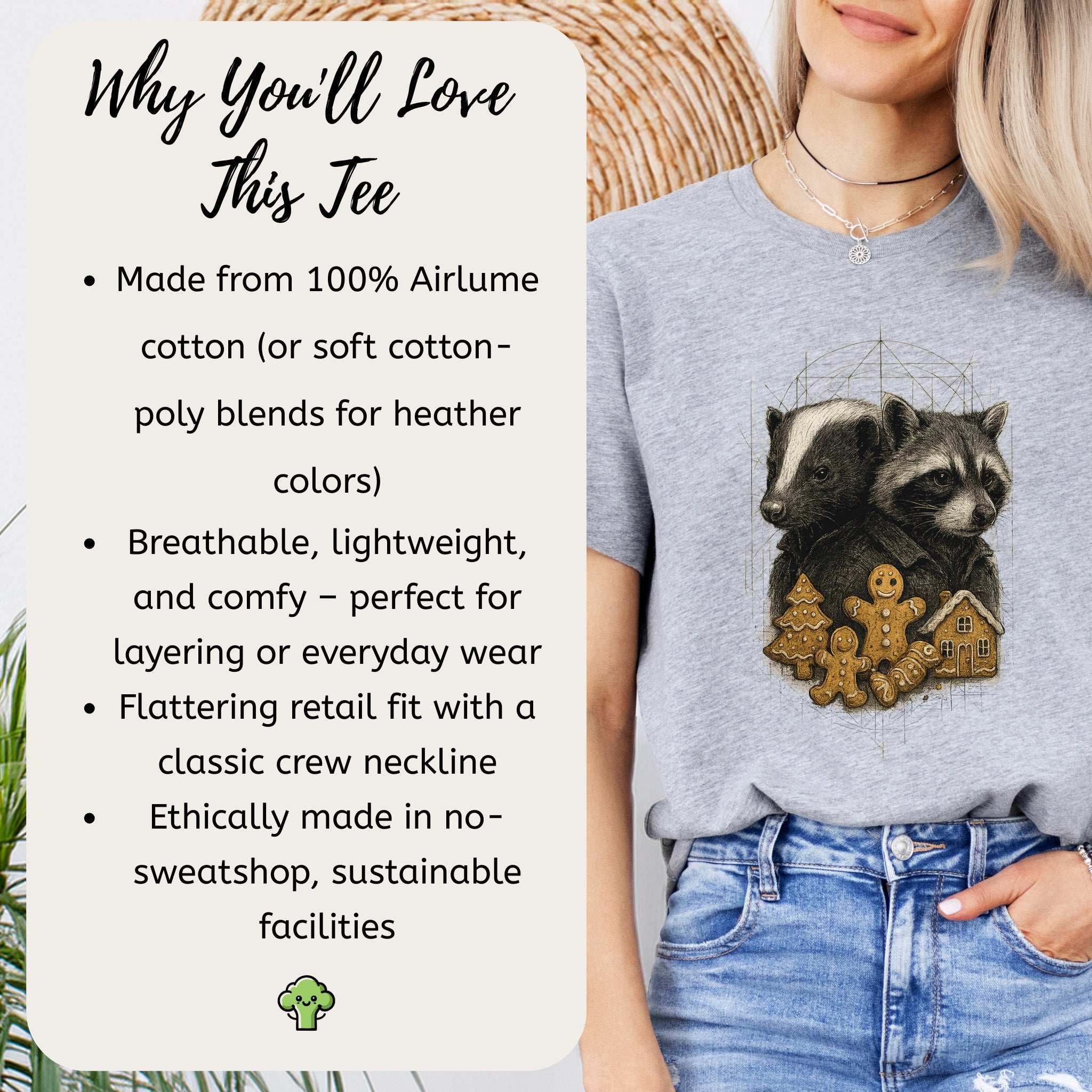 Skunk & Raccoon Christmas T-Shirt – Gingerbread Mischief & Forest Charm