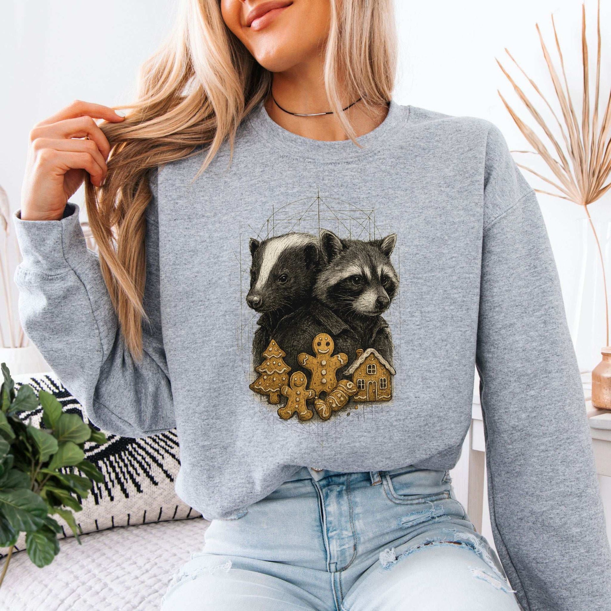 Skunk & Raccoon Christmas Sweatshirt – Gingerbread Mischief & Forest Charm