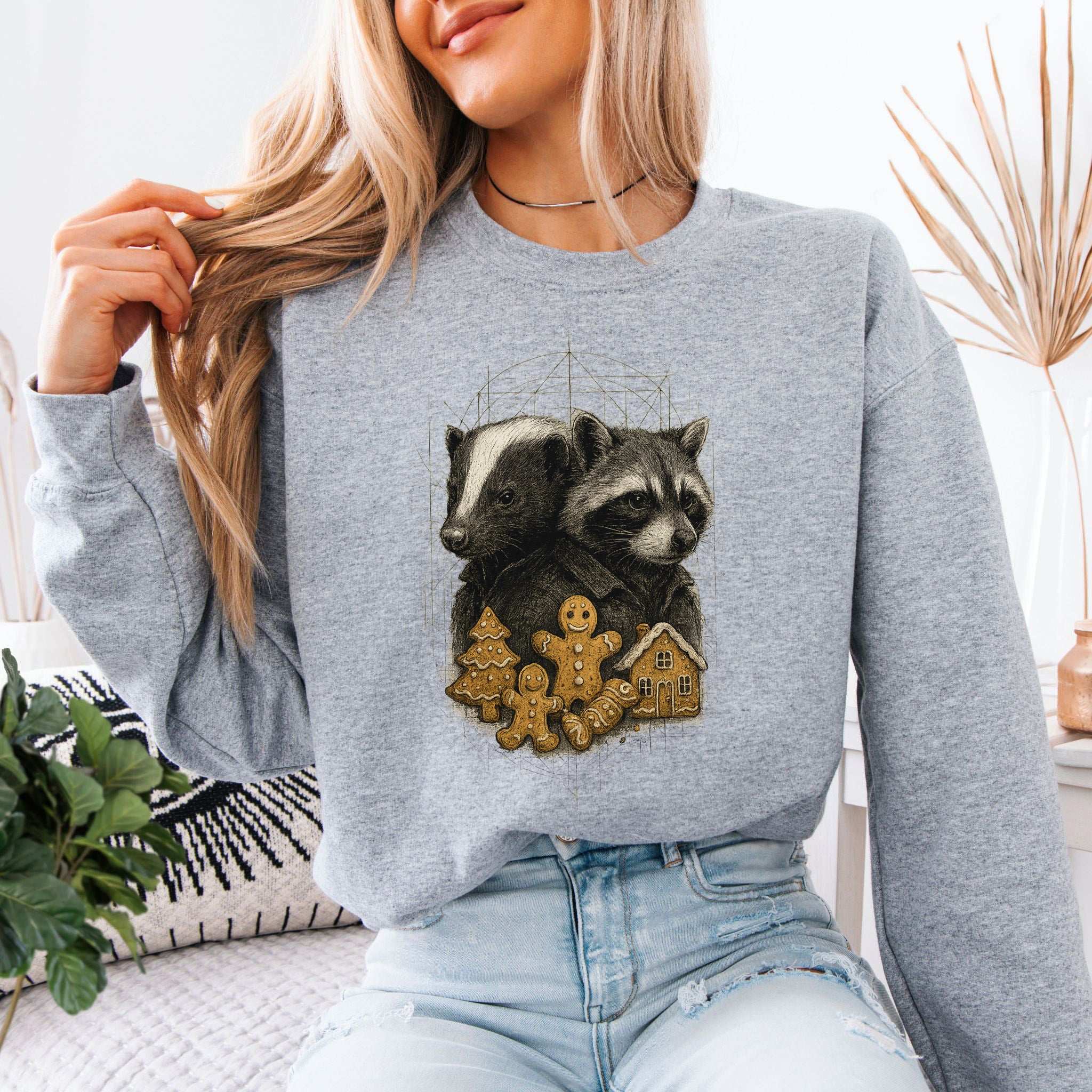 Skunk & Raccoon Christmas Sweatshirt – Gingerbread Mischief & Forest Charm