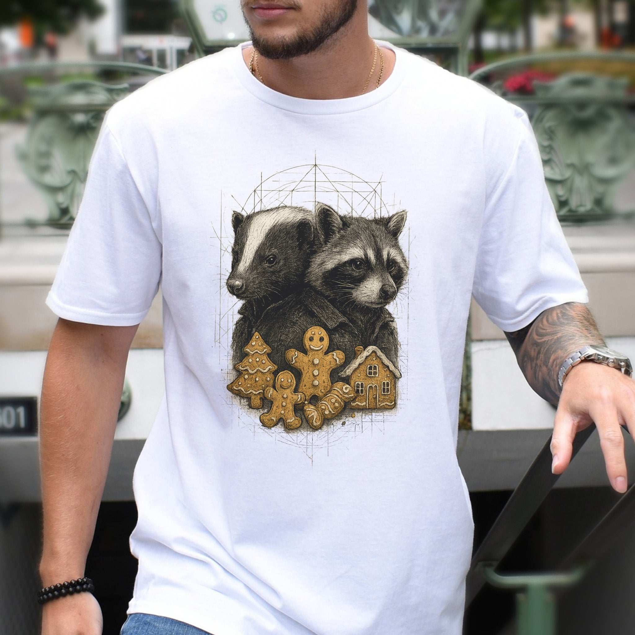 Skunk & Raccoon Christmas T-Shirt – Gingerbread Mischief & Forest Charm