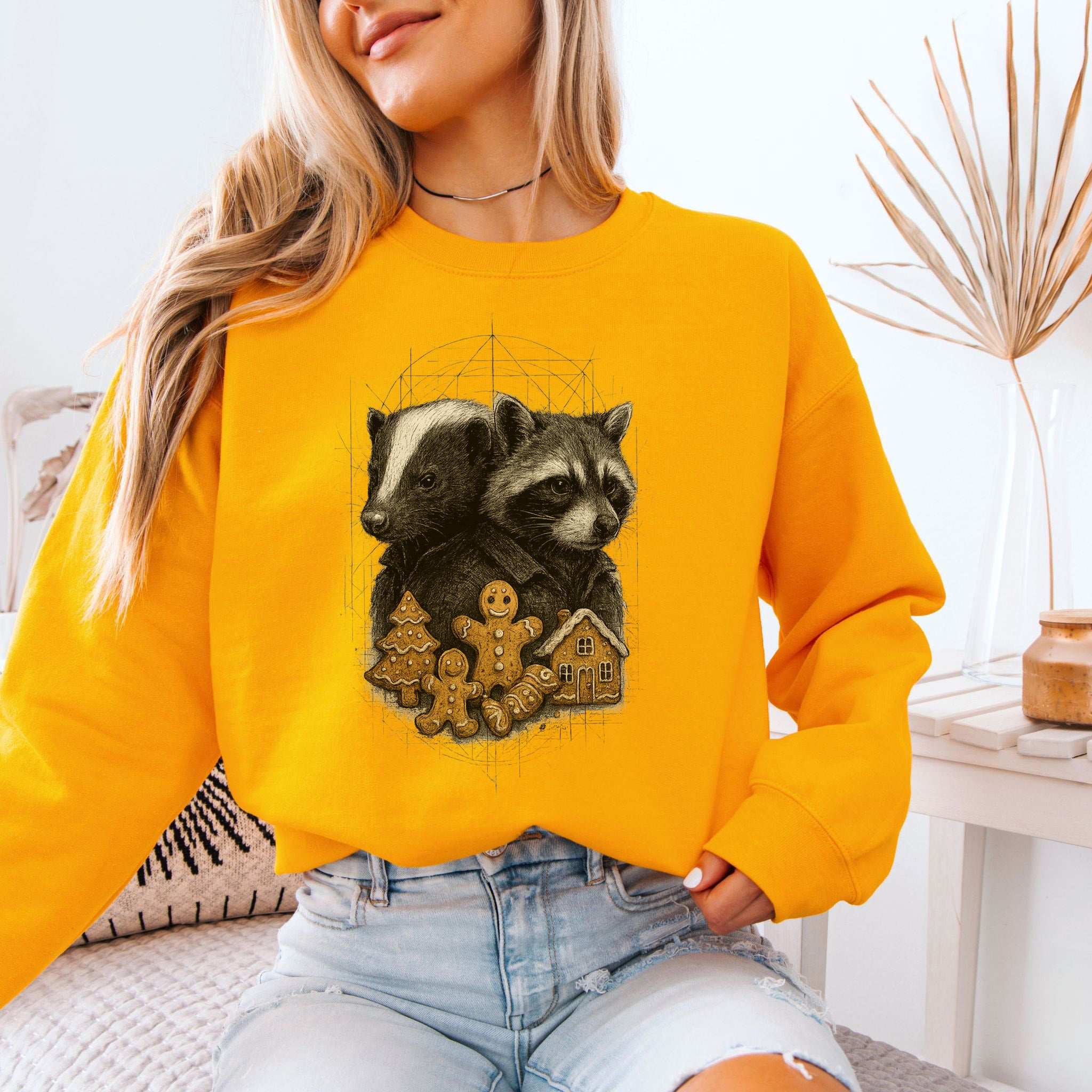 Skunk & Raccoon Christmas Sweatshirt – Gingerbread Mischief & Forest Charm