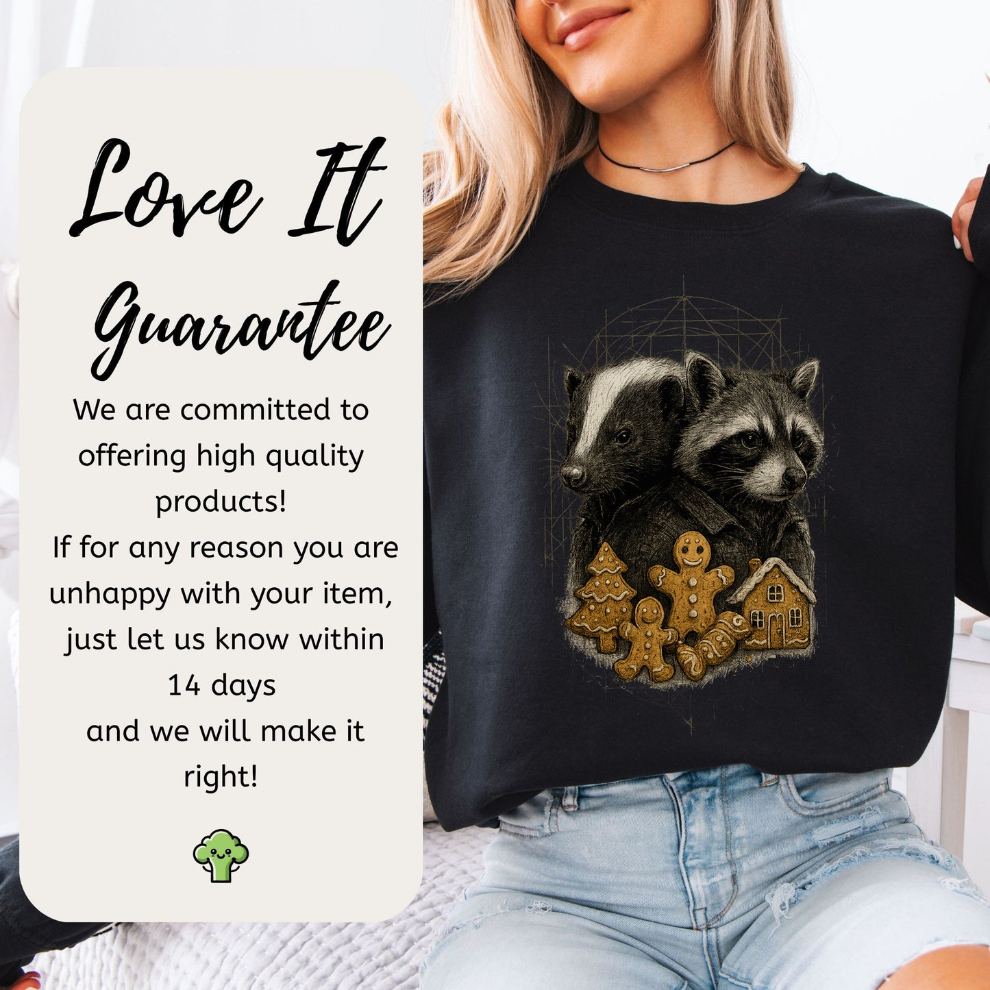 Skunk & Raccoon Christmas Sweatshirt – Gingerbread Mischief & Forest Charm