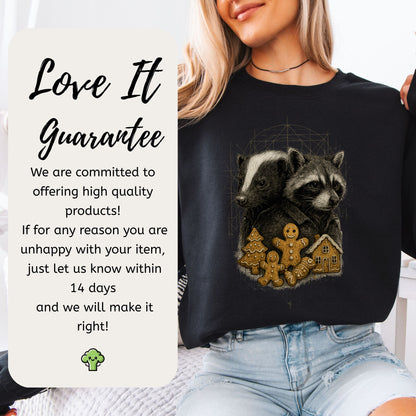 Skunk & Raccoon Christmas Sweatshirt – Gingerbread Mischief & Forest Charm