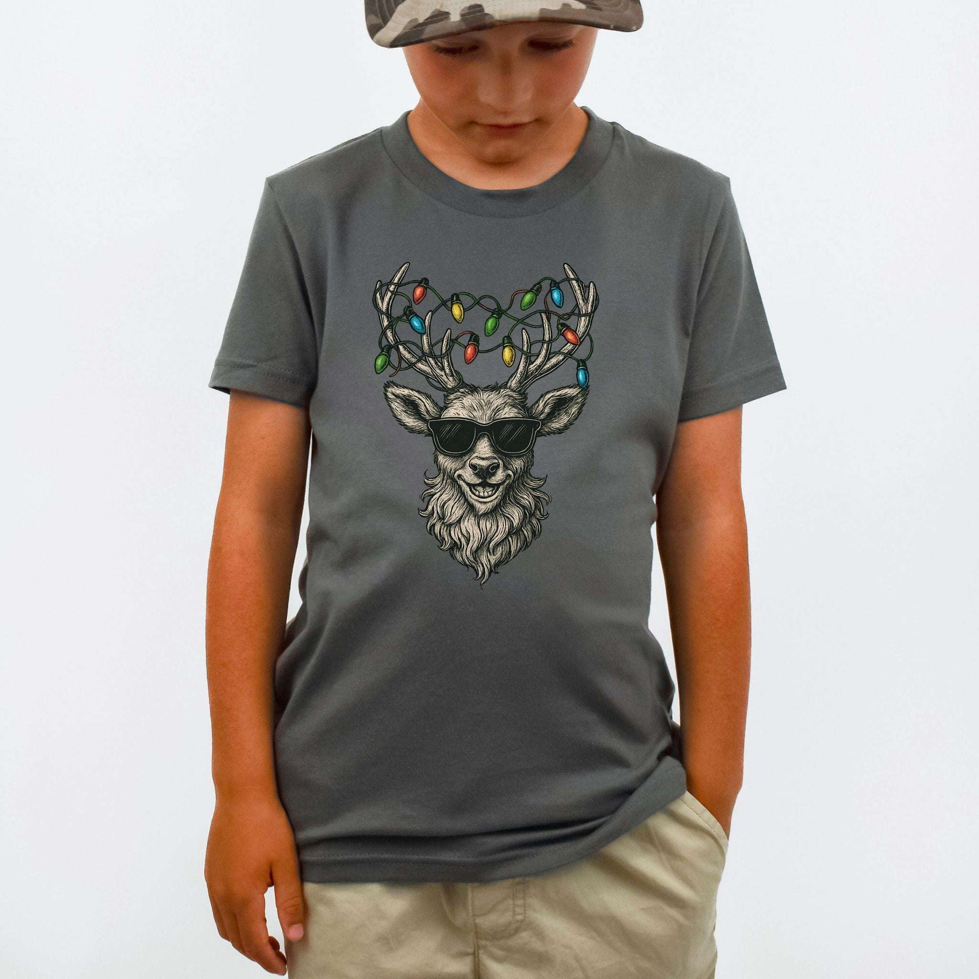 Cool Reindeer Christmas Youth T-Shirt – Lights, Antlers & Attitude