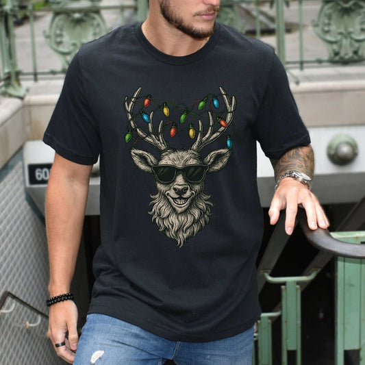 Cool Reindeer Christmas T-Shirt – Antlers with Holiday Lights & Attitude
