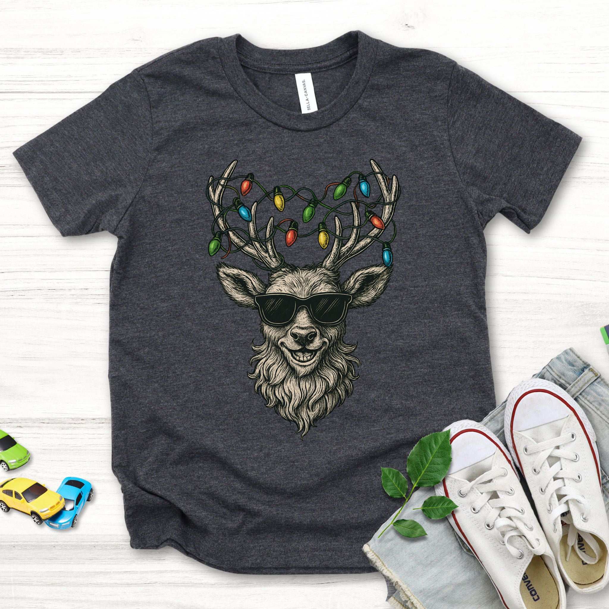 Cool Reindeer Christmas Youth T-Shirt – Lights, Antlers & Attitude