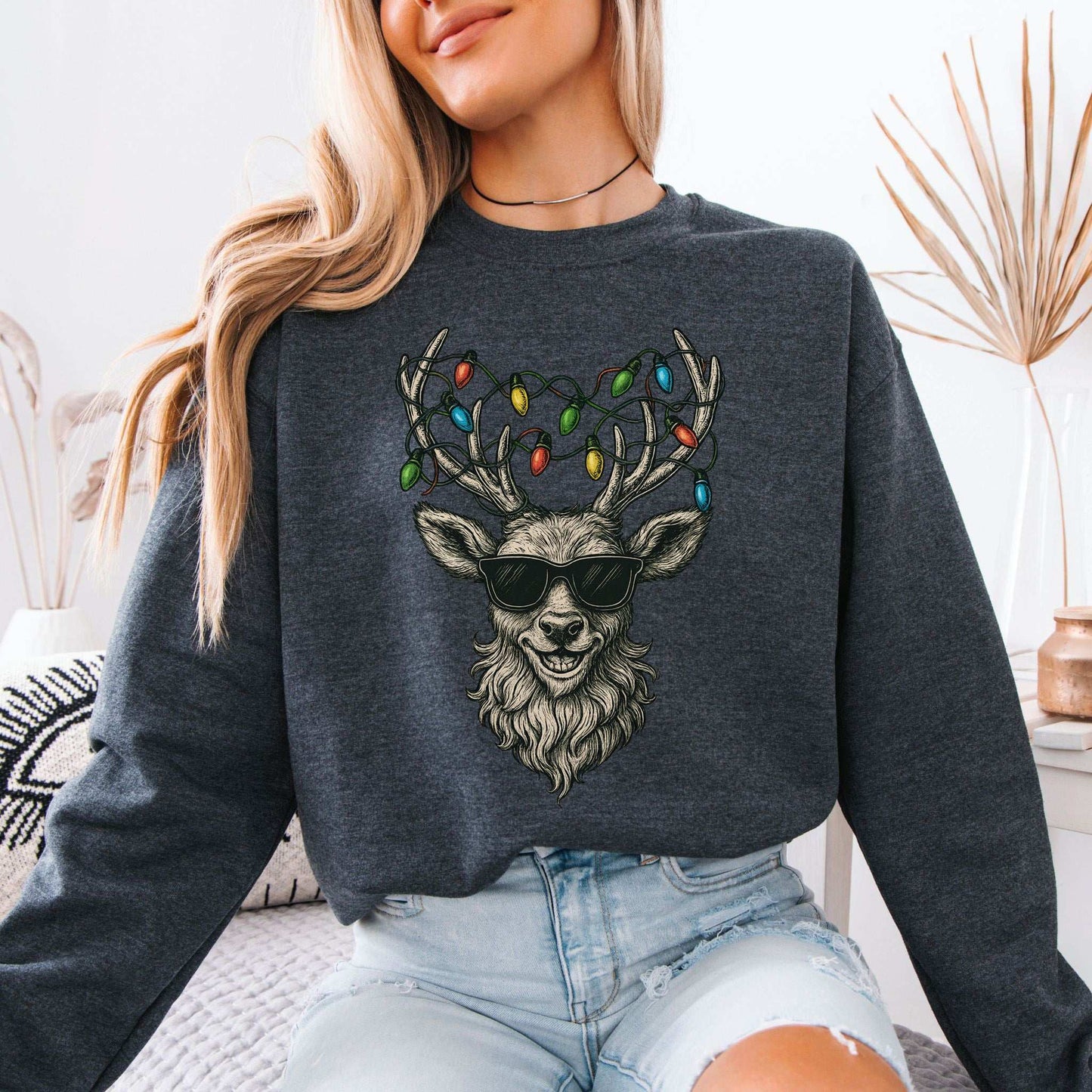 Cool Reindeer Christmas Sweatshirt – Antlers with Holiday Lights & Attitude