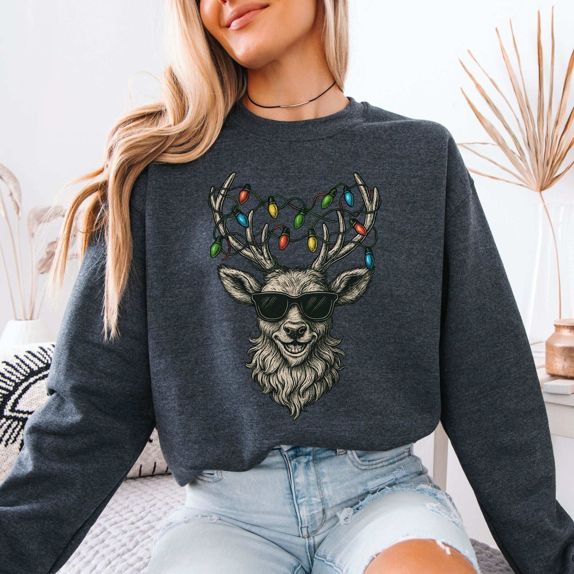 Cool Reindeer Christmas Sweatshirt – Antlers with Holiday Lights & Attitude