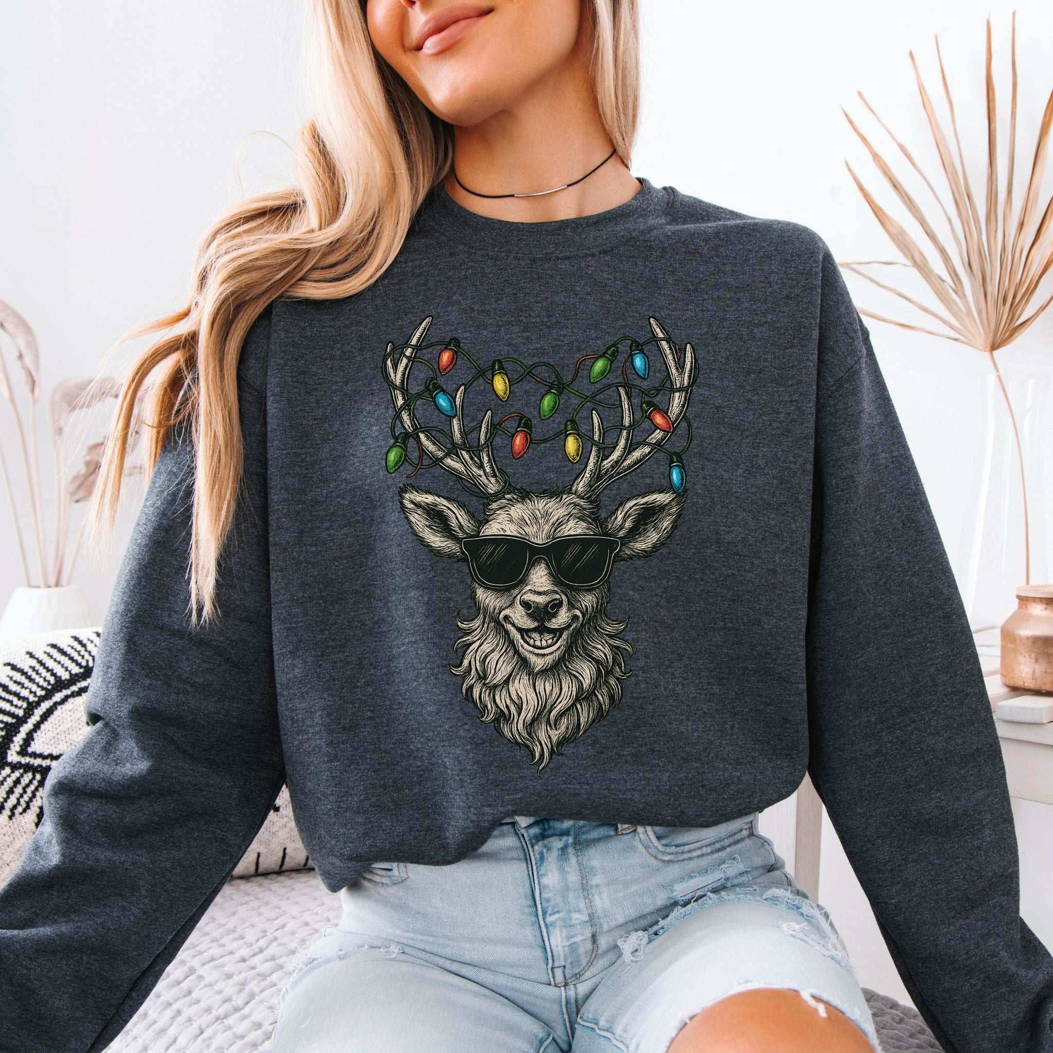 Cool Reindeer Christmas Sweatshirt – Antlers with Holiday Lights & Attitude