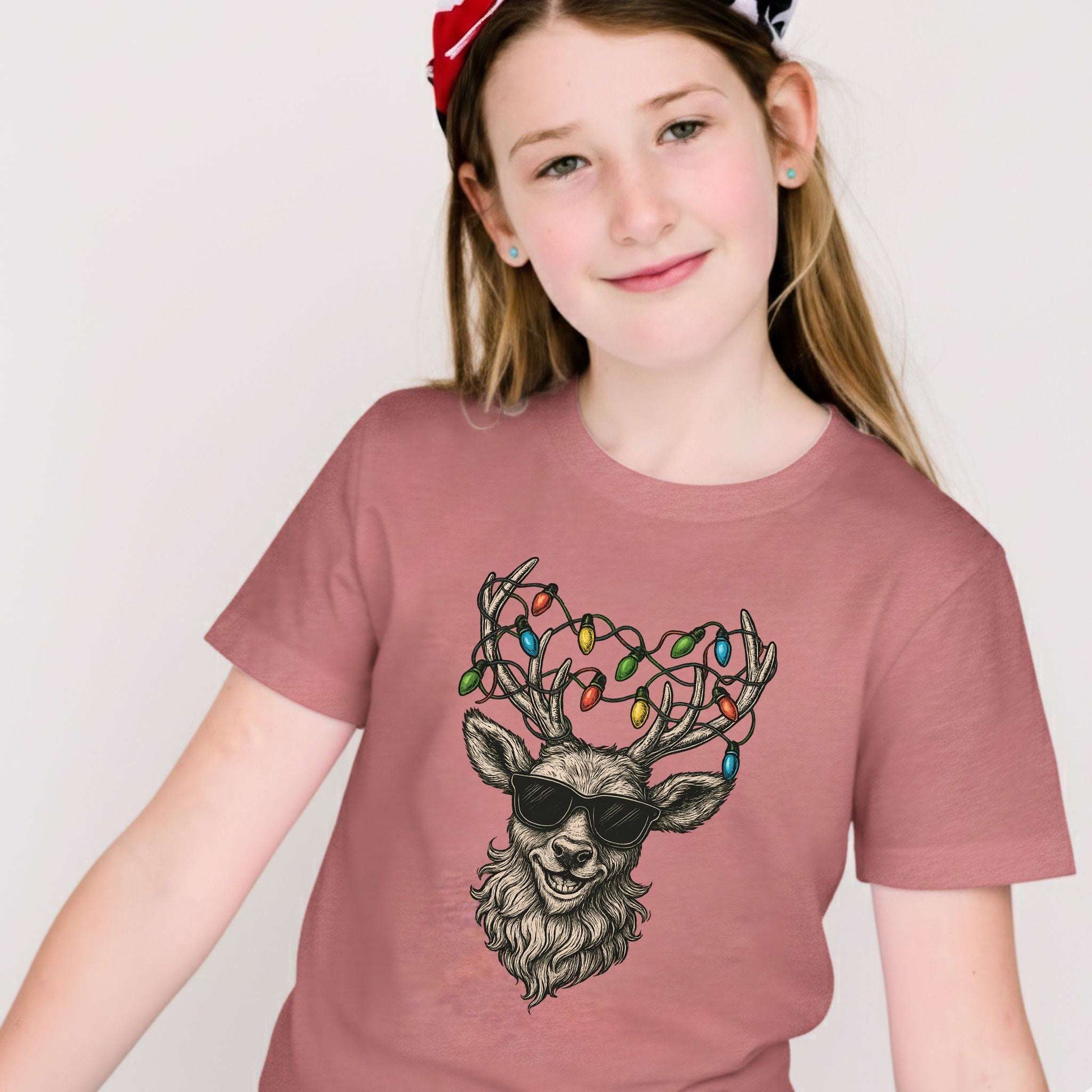 Cool Reindeer Christmas Youth T-Shirt – Lights, Antlers & Attitude
