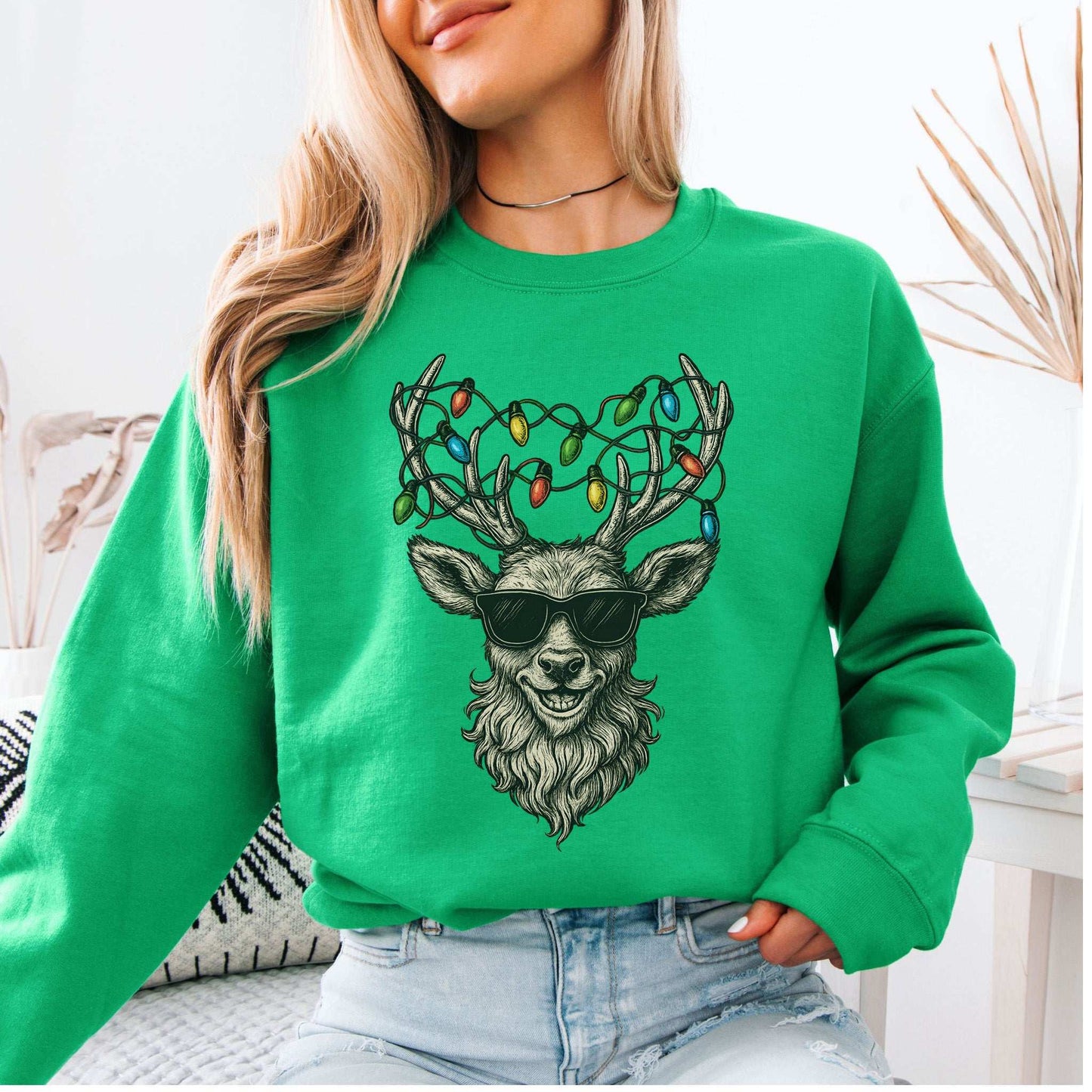 Cool Reindeer Christmas Sweatshirt – Antlers with Holiday Lights & Attitude