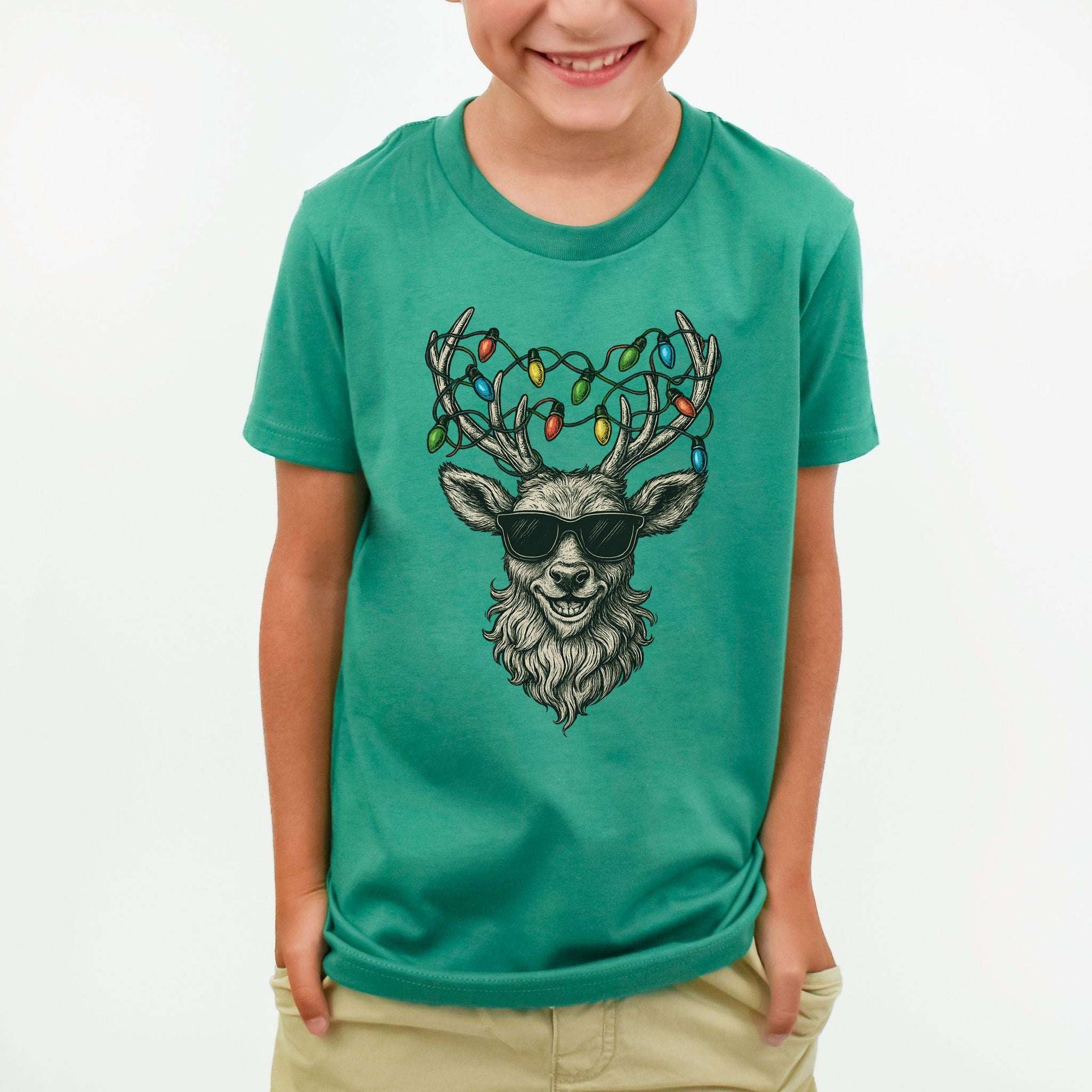 Cool Reindeer Christmas Youth T-Shirt – Lights, Antlers & Attitude