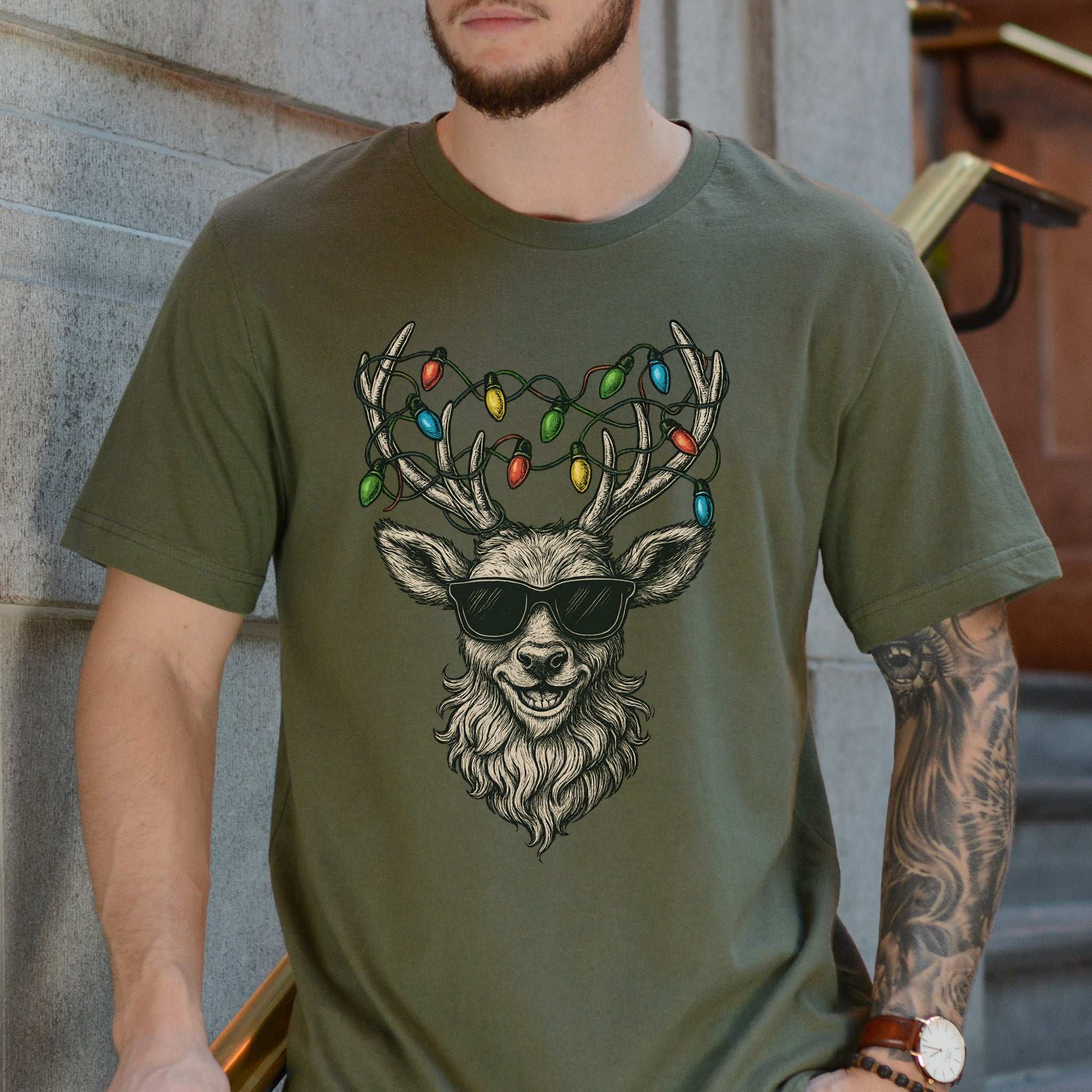 Cool Reindeer Christmas T-Shirt – Antlers with Holiday Lights & Attitude