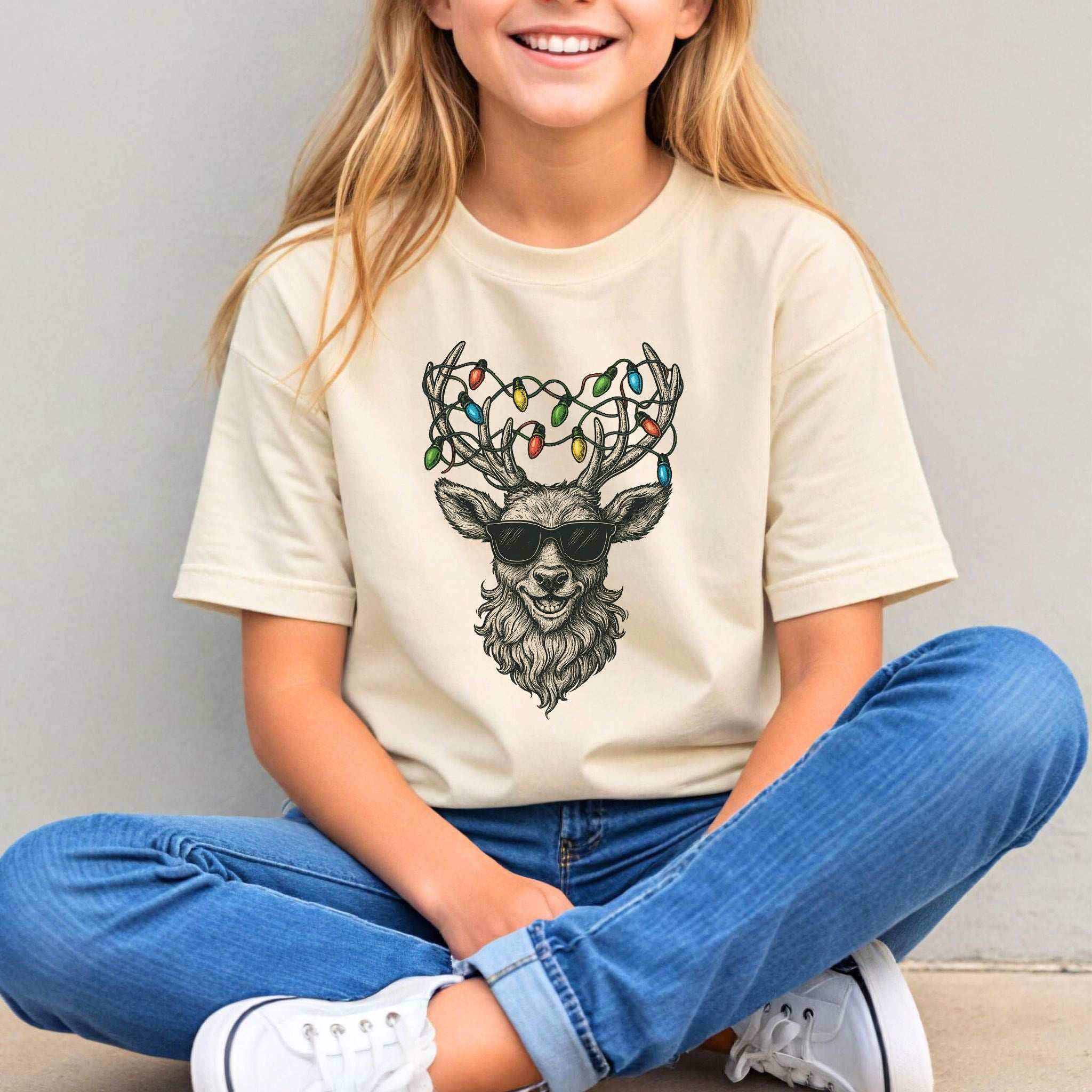 Cool Reindeer Christmas Youth T-Shirt – Lights, Antlers & Attitude