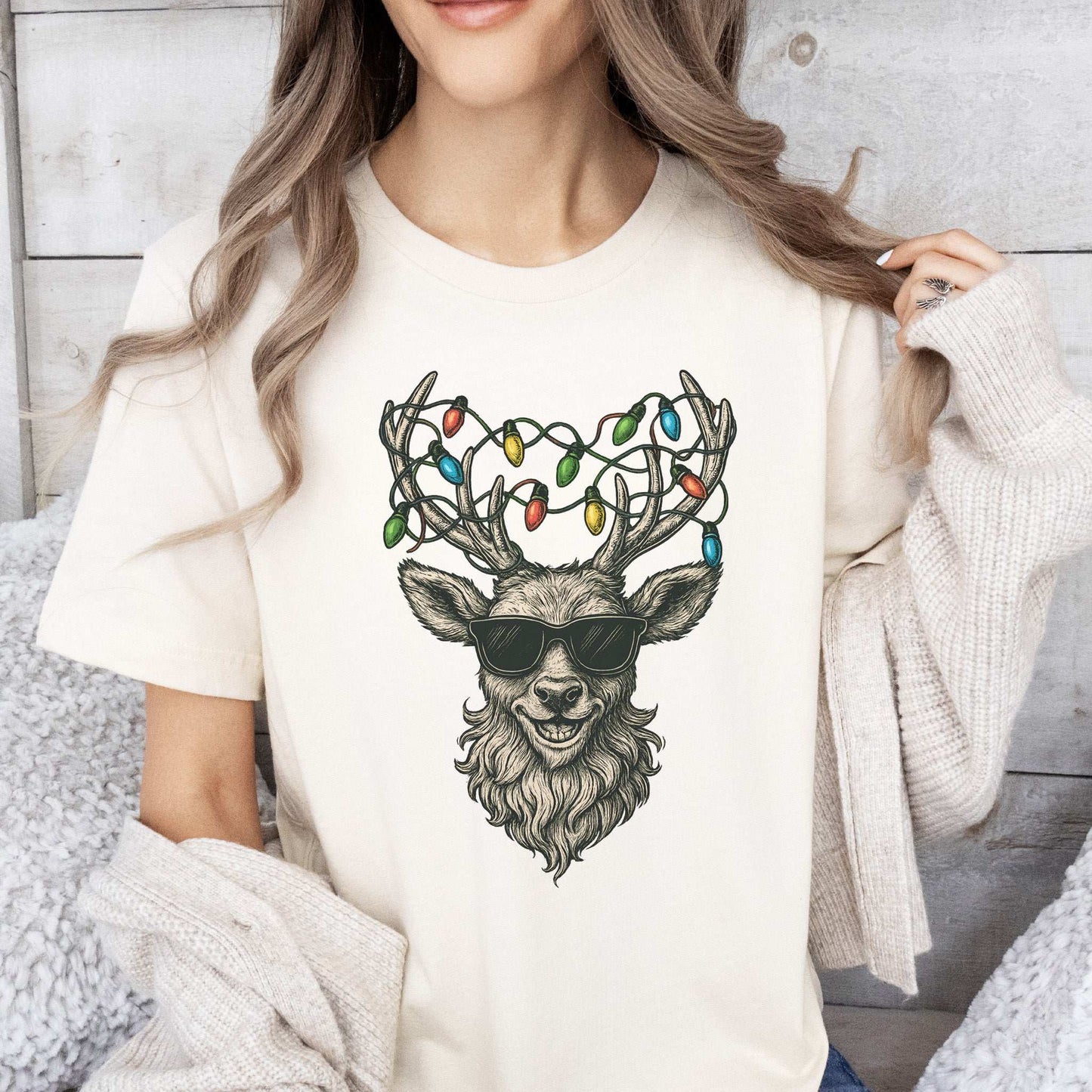 Cool Reindeer Christmas T-Shirt – Antlers with Holiday Lights & Attitude