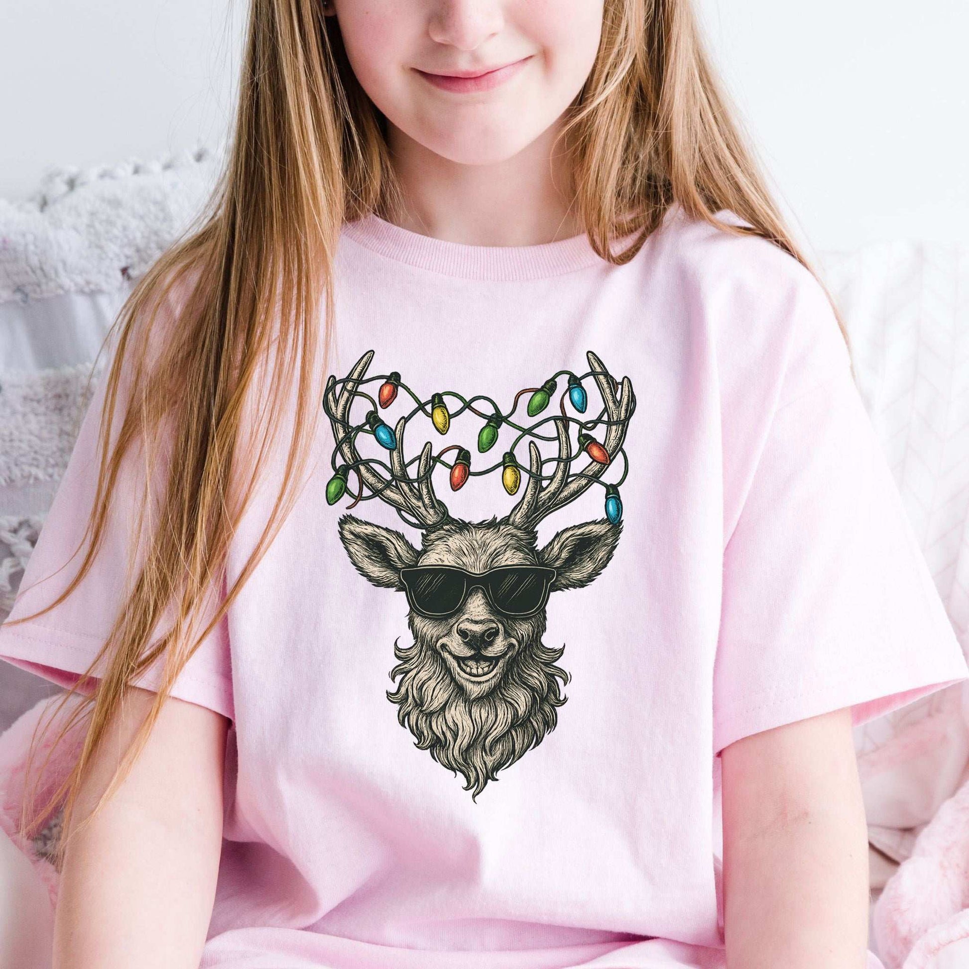 Cool Reindeer Christmas Youth T-Shirt – Lights, Antlers & Attitude