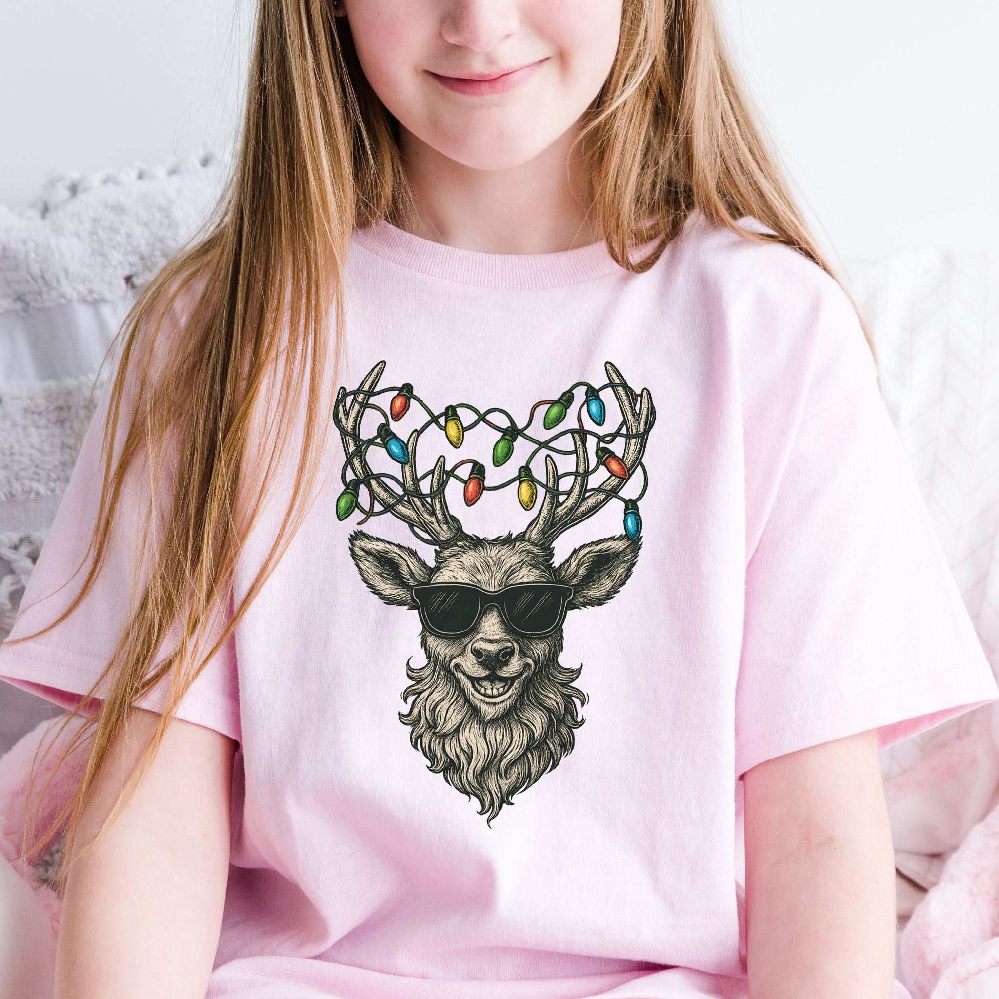 Cool Reindeer Christmas Youth T-Shirt – Lights, Antlers & Attitude