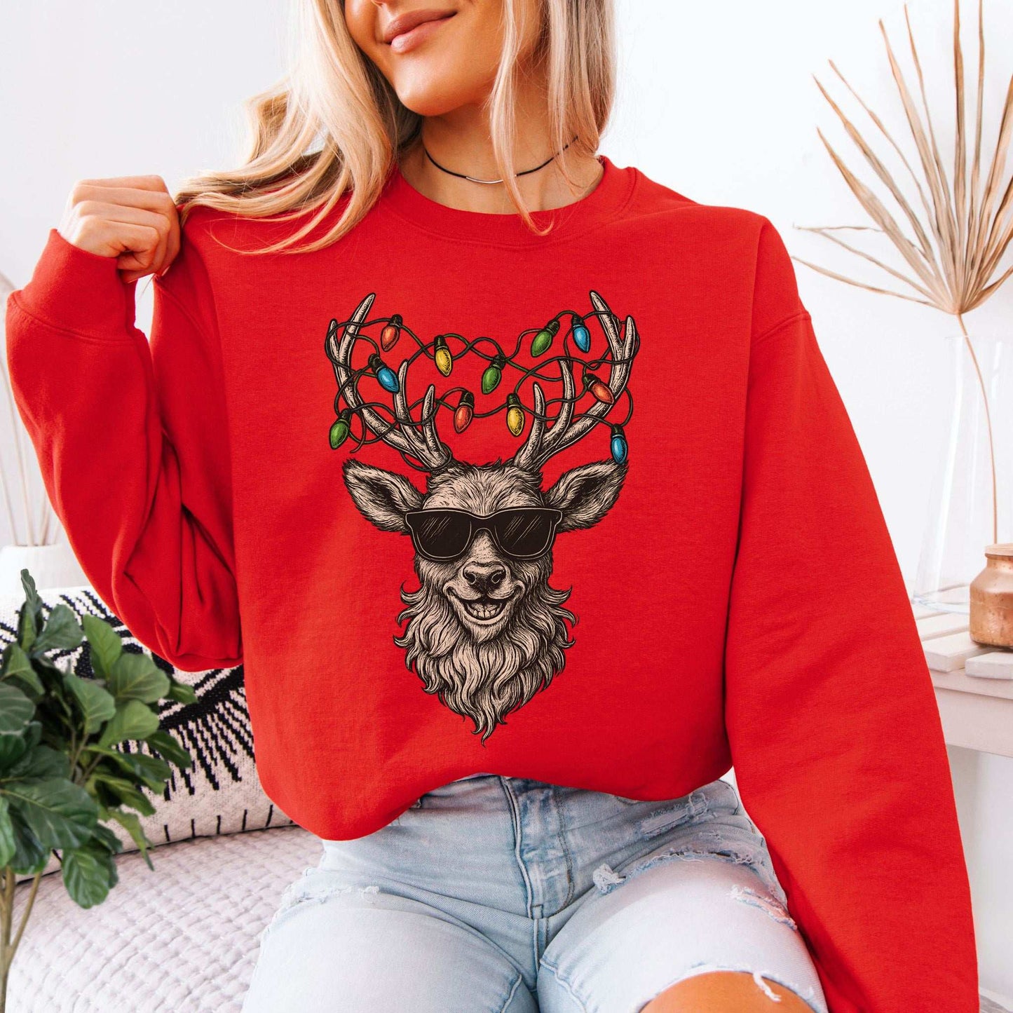 Cool Reindeer Christmas Sweatshirt – Antlers with Holiday Lights & Attitude