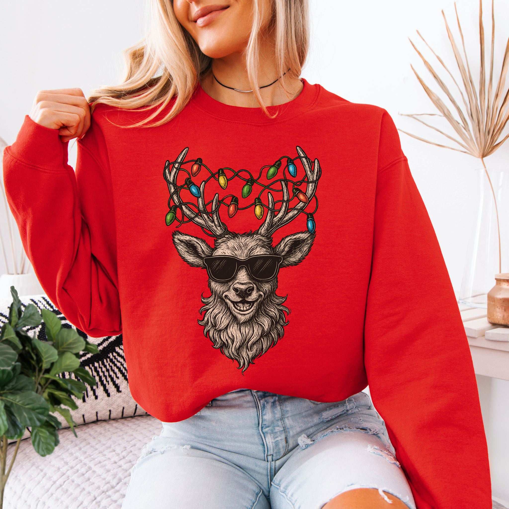 Cool Reindeer Christmas Sweatshirt – Antlers with Holiday Lights & Attitude