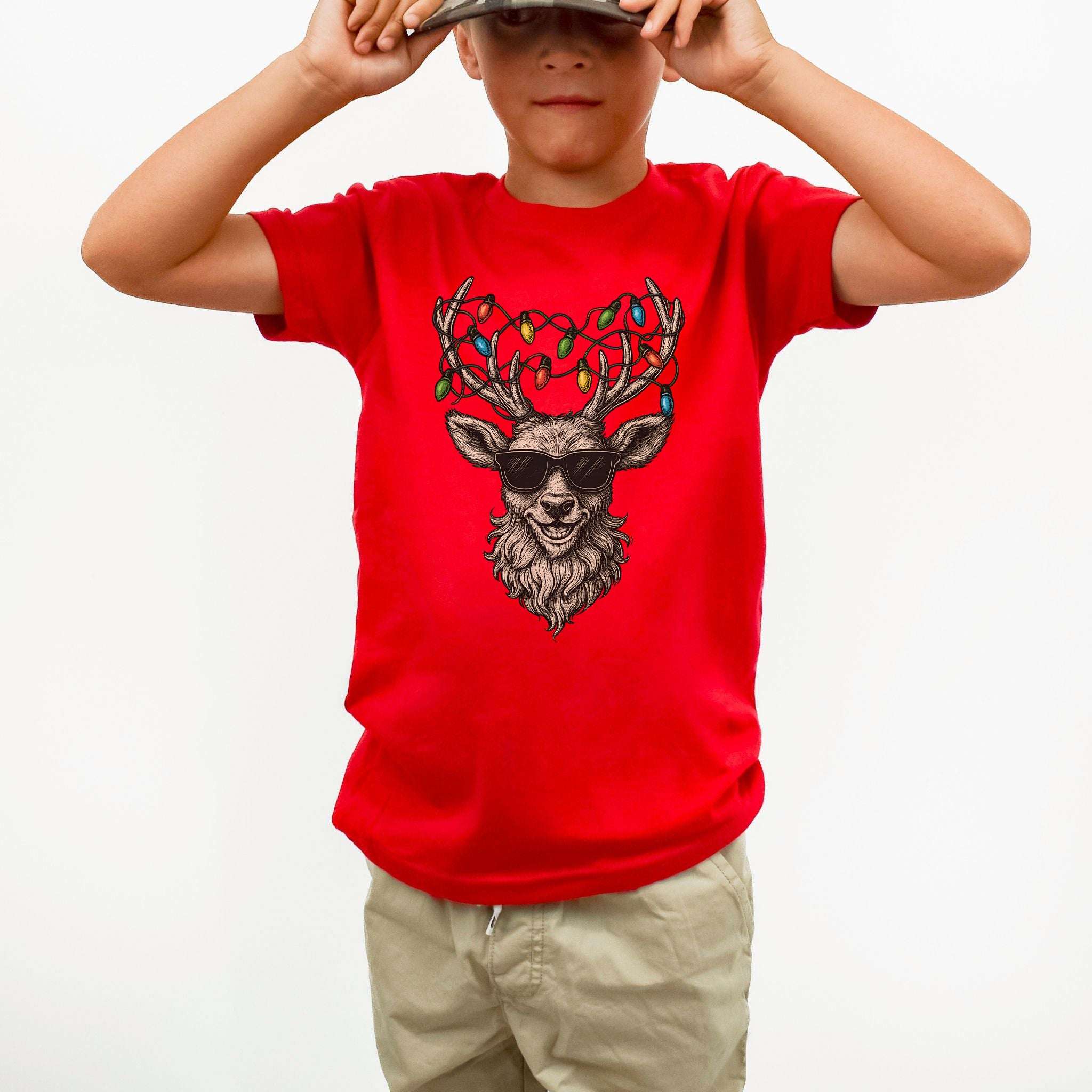 Cool Reindeer Christmas Youth T-Shirt – Lights, Antlers & Attitude