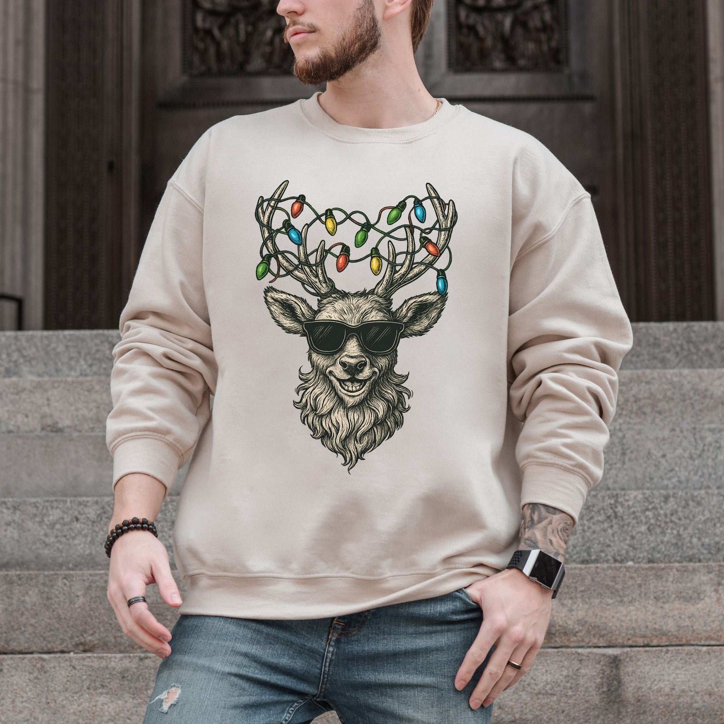 Cool Reindeer Christmas Sweatshirt – Antlers with Holiday Lights & Attitude