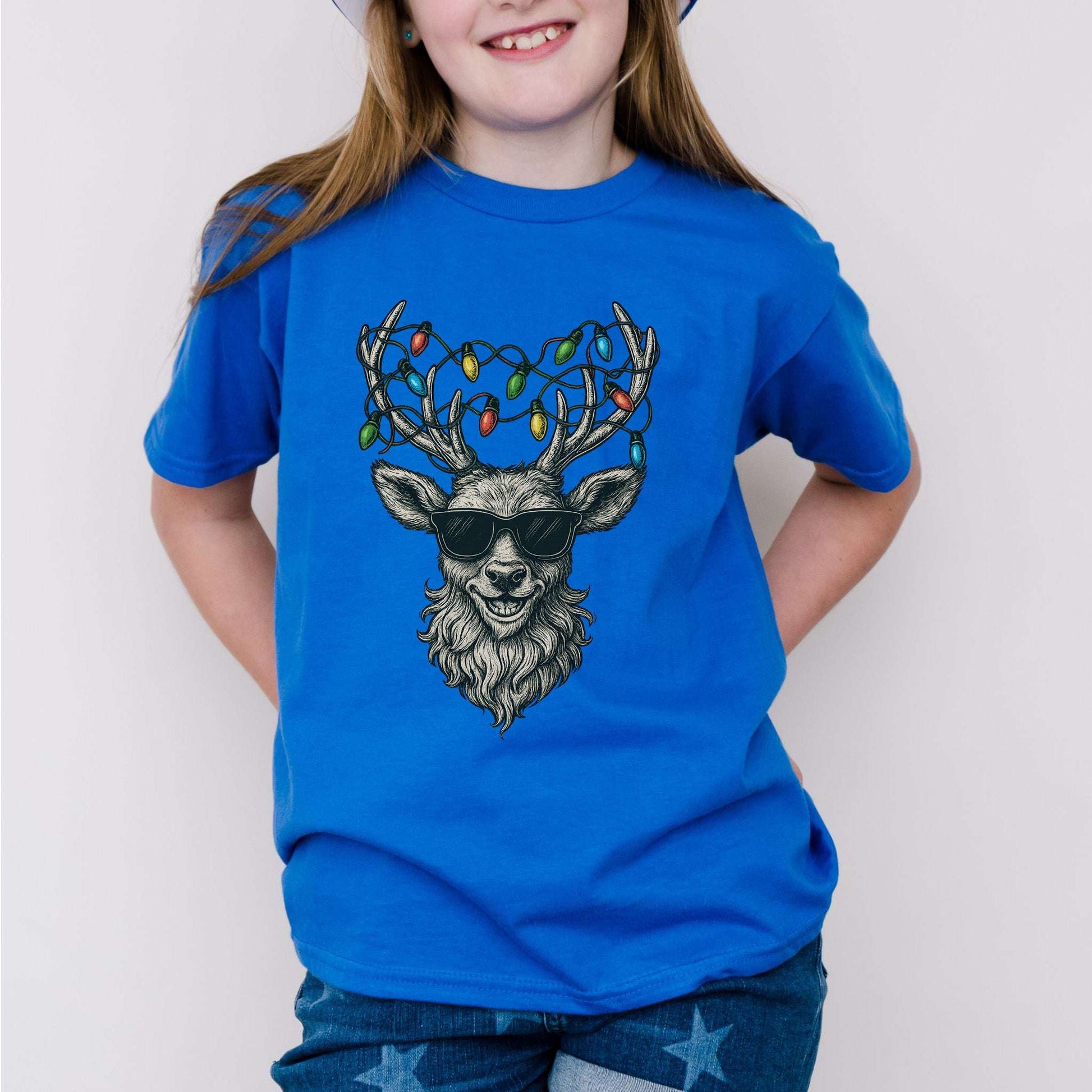 Cool Reindeer Christmas Youth T-Shirt – Lights, Antlers & Attitude