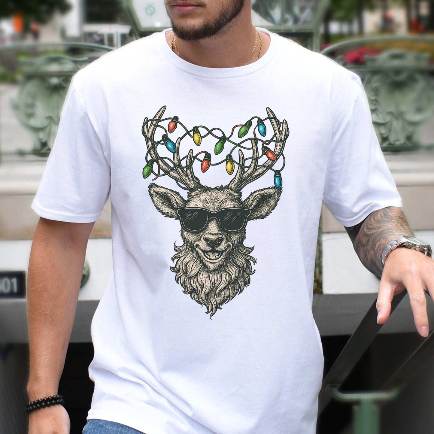 Cool Reindeer Christmas T-Shirt – Antlers with Holiday Lights & Attitude