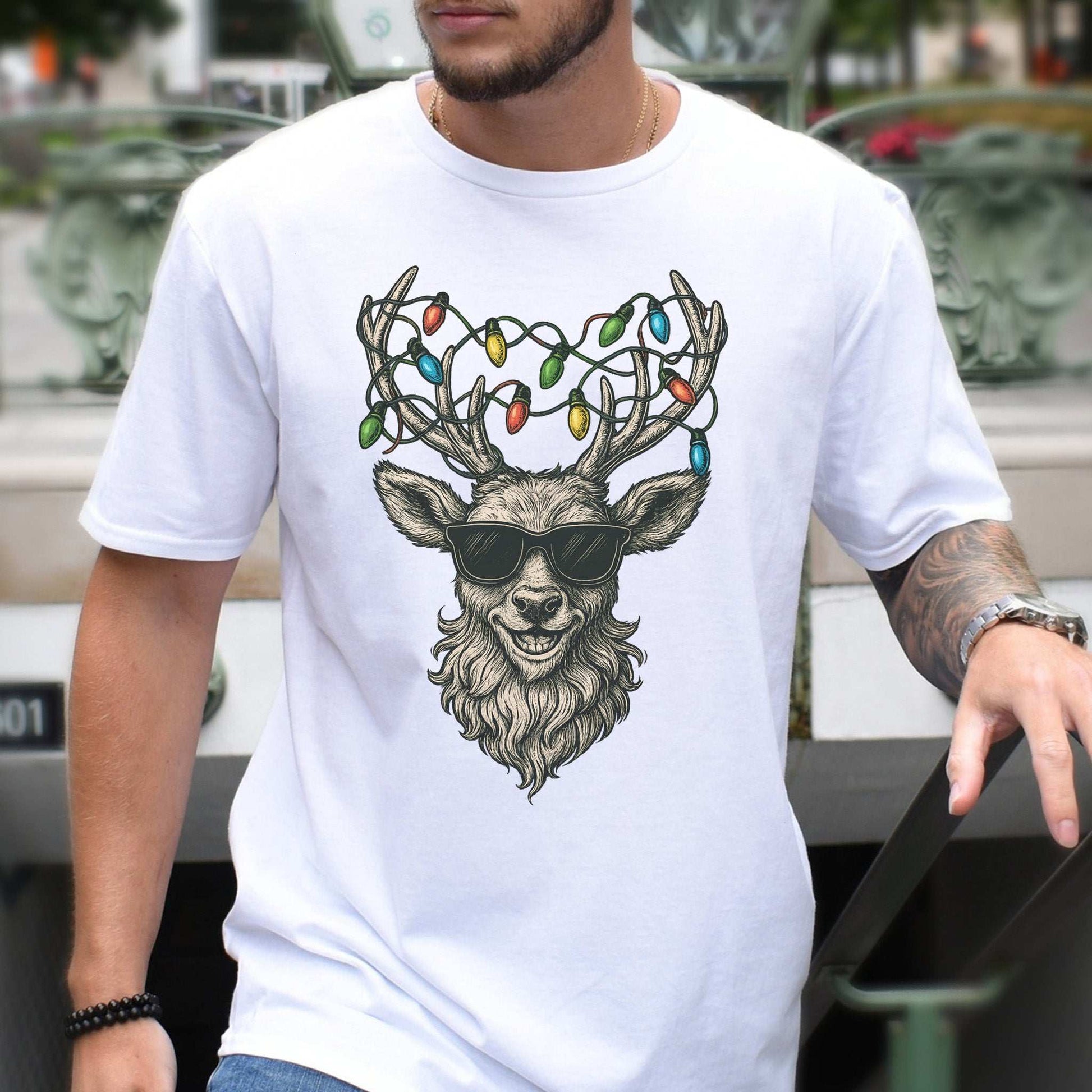 Cool Reindeer Christmas T-Shirt – Antlers with Holiday Lights & Attitude