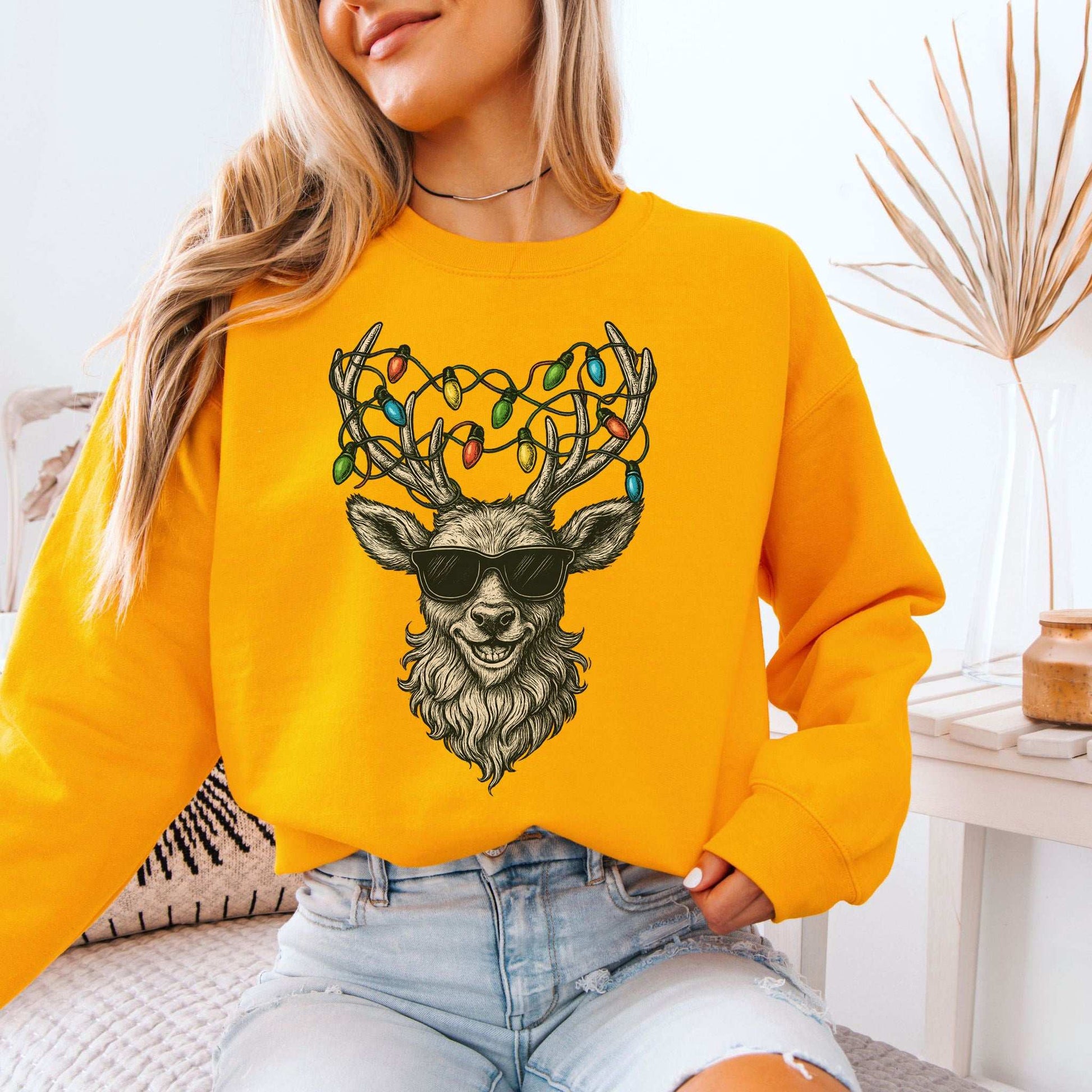 Cool Reindeer Christmas Sweatshirt – Antlers with Holiday Lights & Attitude