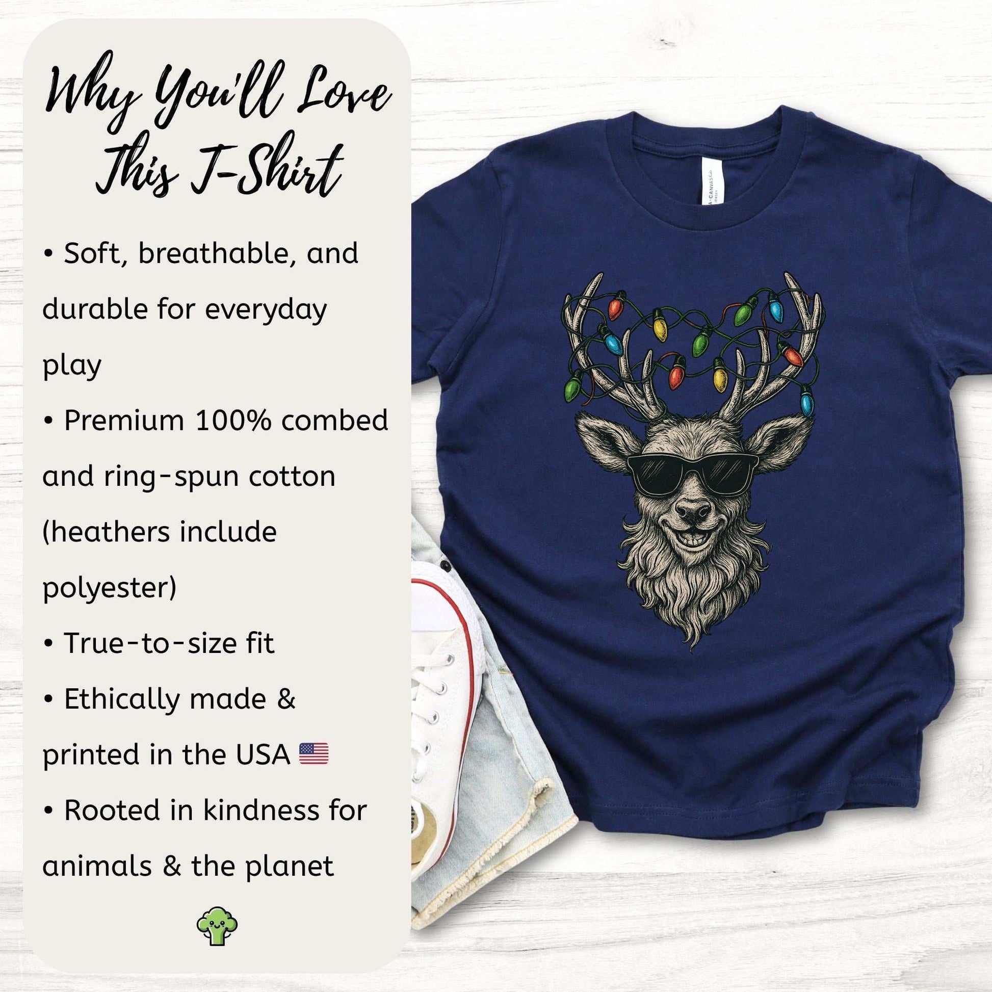 Cool Reindeer Christmas Youth T-Shirt – Lights, Antlers & Attitude