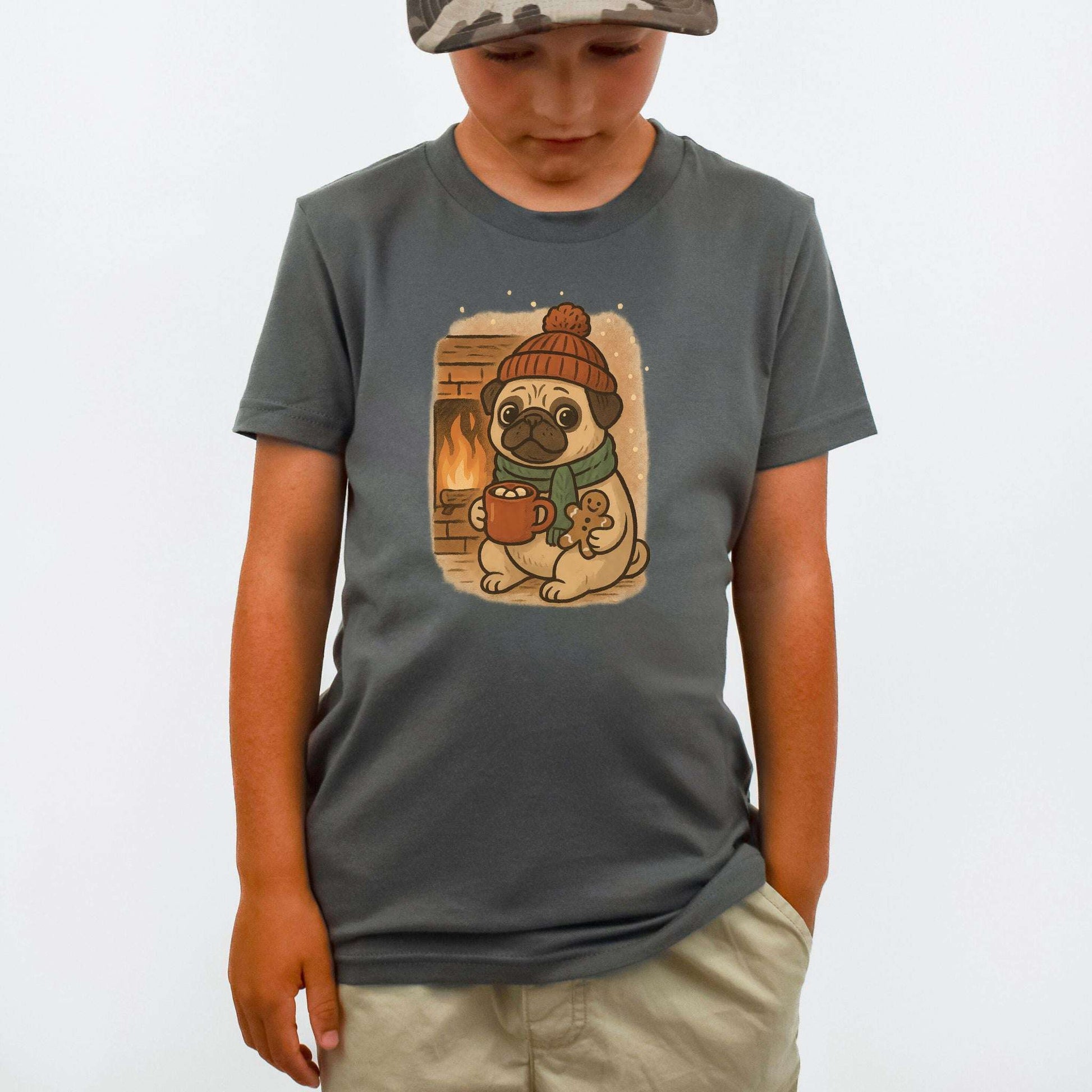 Hot Cocoa & Pug Hugs Kids T-Shirt – Cute Winter Dog Christmas Tee, Youth Tee