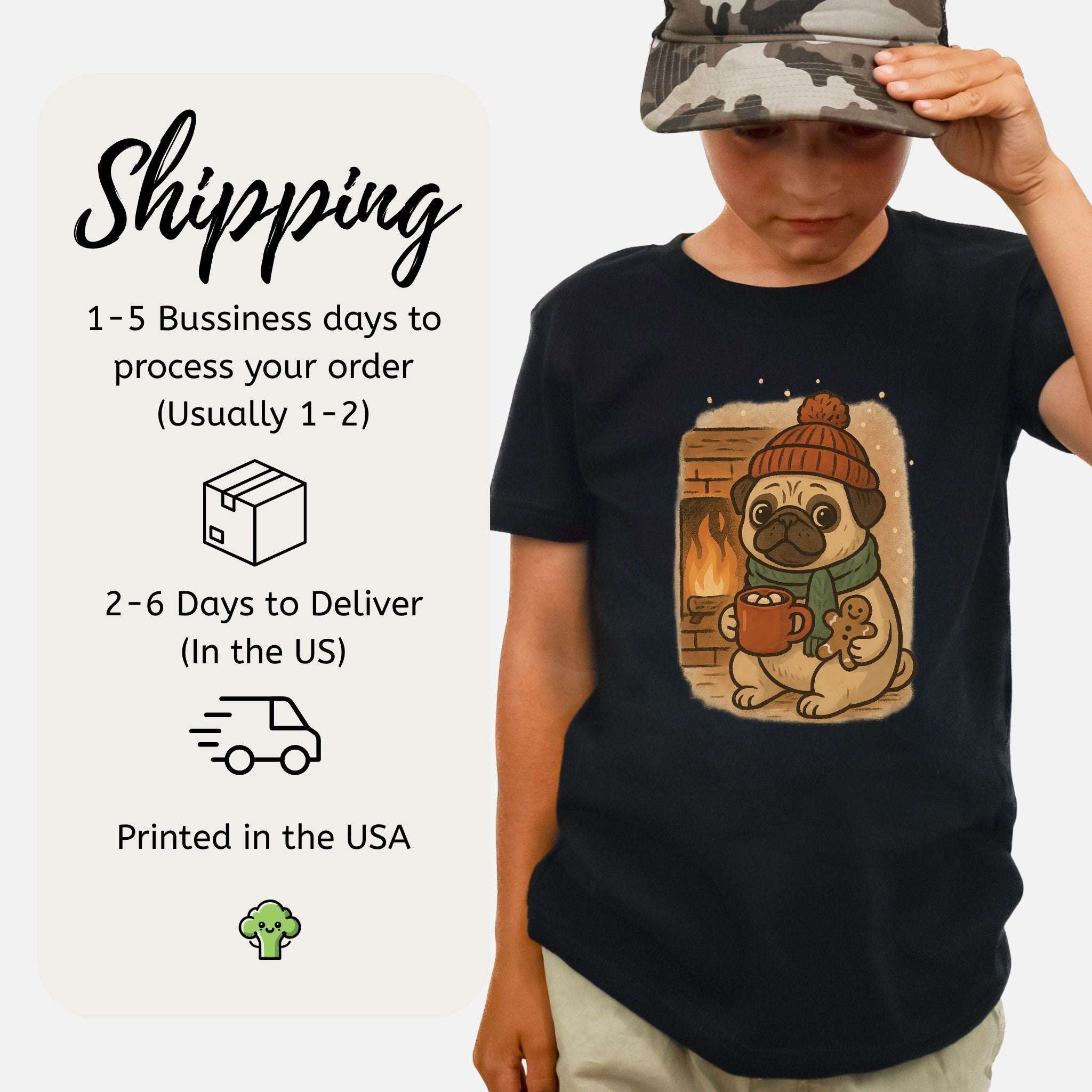 Hot Cocoa & Pug Hugs Kids T-Shirt – Cute Winter Dog Christmas Tee, Youth Tee