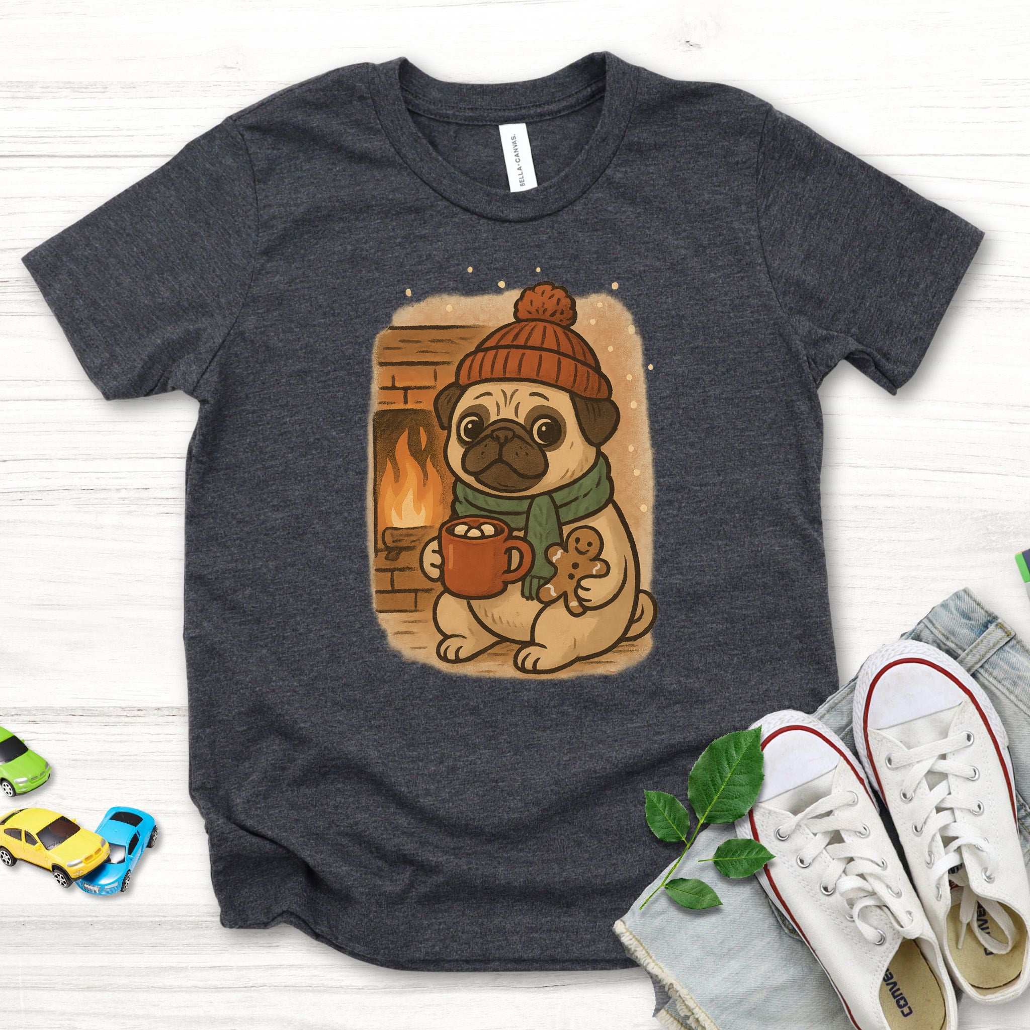 Hot Cocoa & Pug Hugs Kids T-Shirt – Cute Winter Dog Christmas Tee, Youth Tee