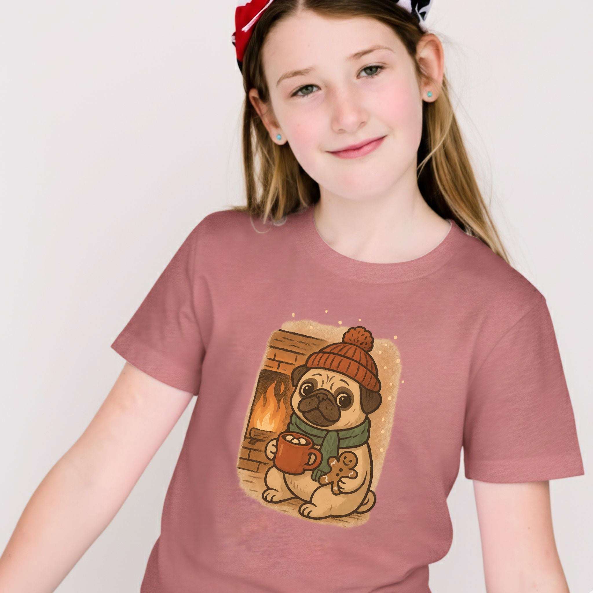 Hot Cocoa & Pug Hugs Kids T-Shirt – Cute Winter Dog Christmas Tee, Youth Tee