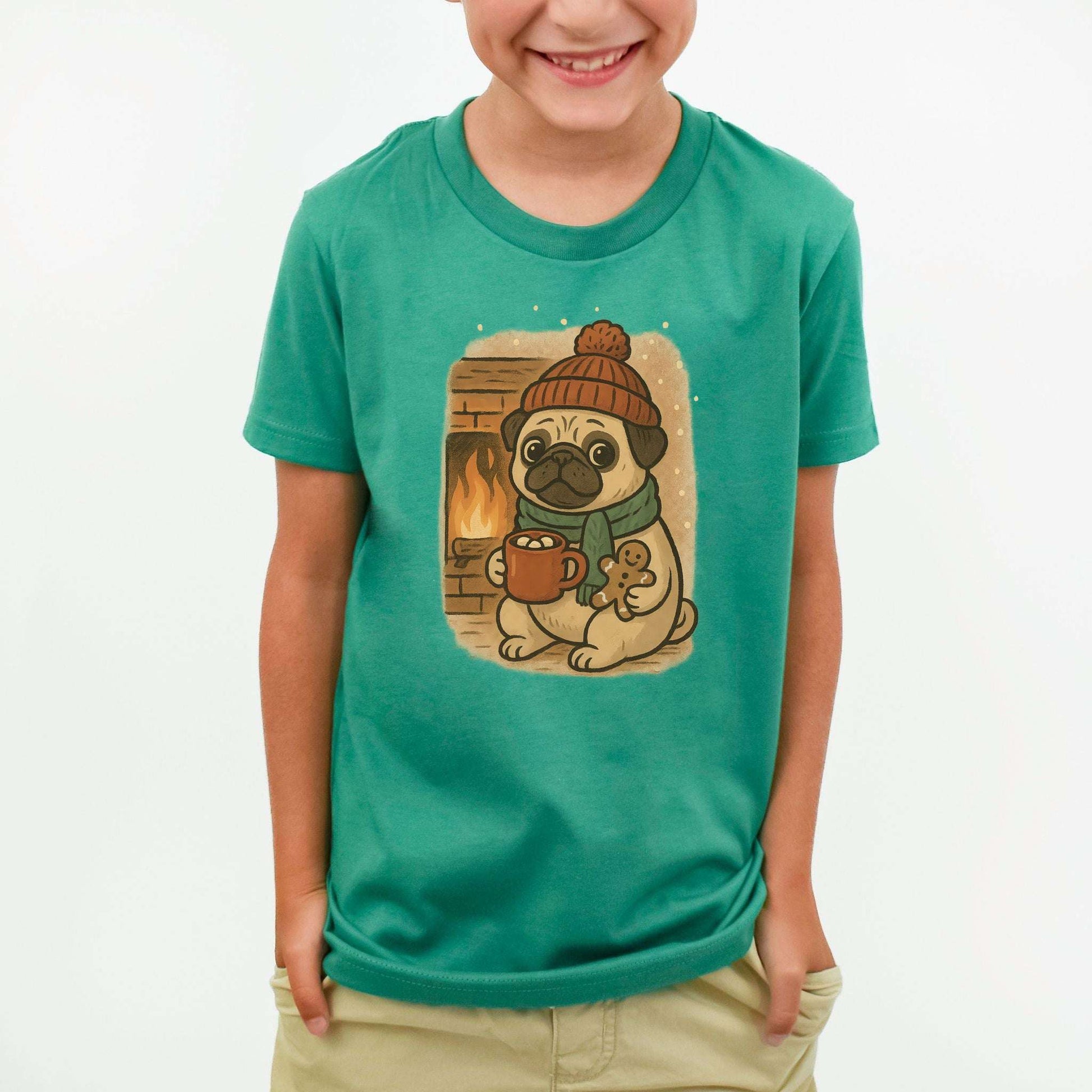 Hot Cocoa & Pug Hugs Kids T-Shirt – Cute Winter Dog Christmas Tee, Youth Tee