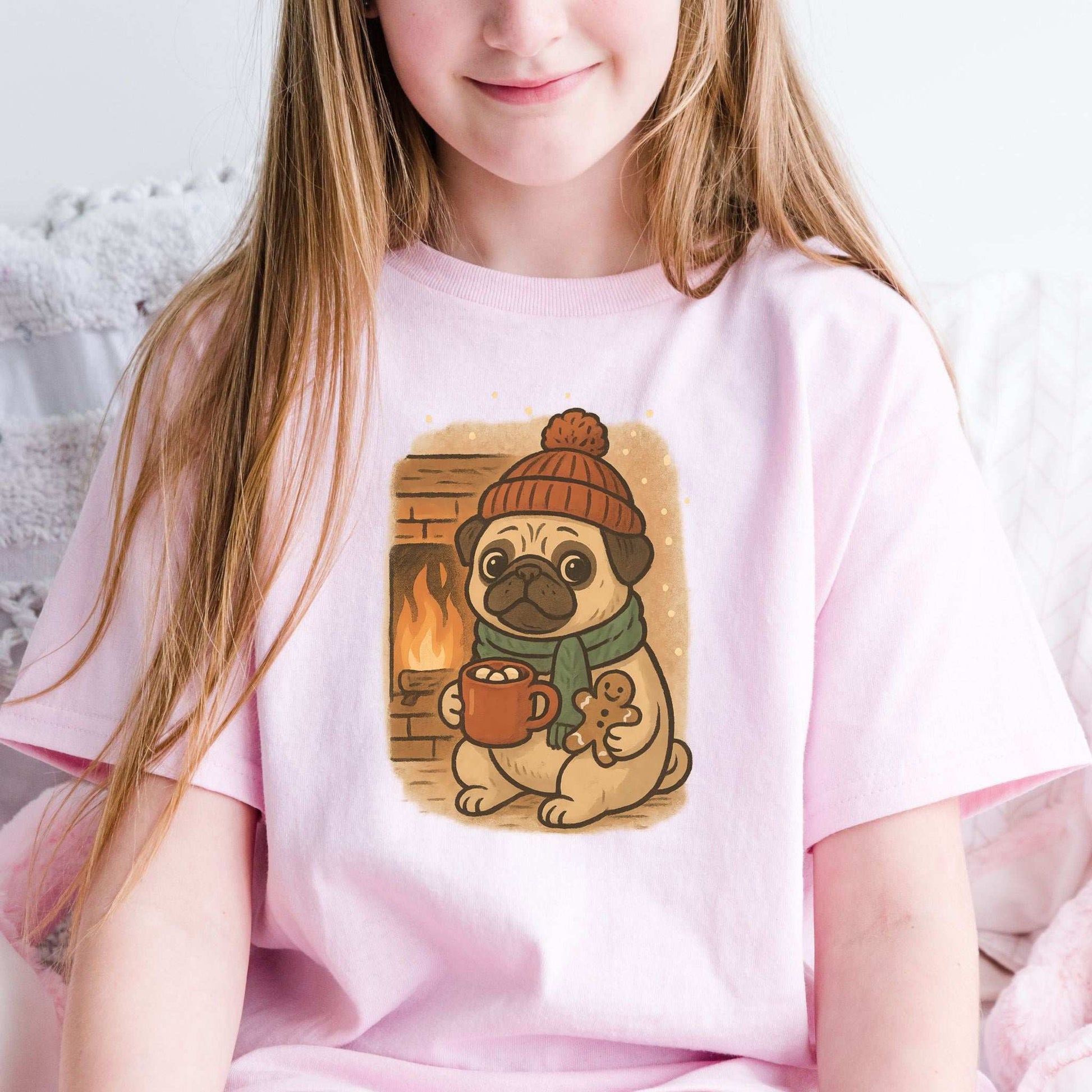 Hot Cocoa & Pug Hugs Kids T-Shirt – Cute Winter Dog Christmas Tee, Youth Tee