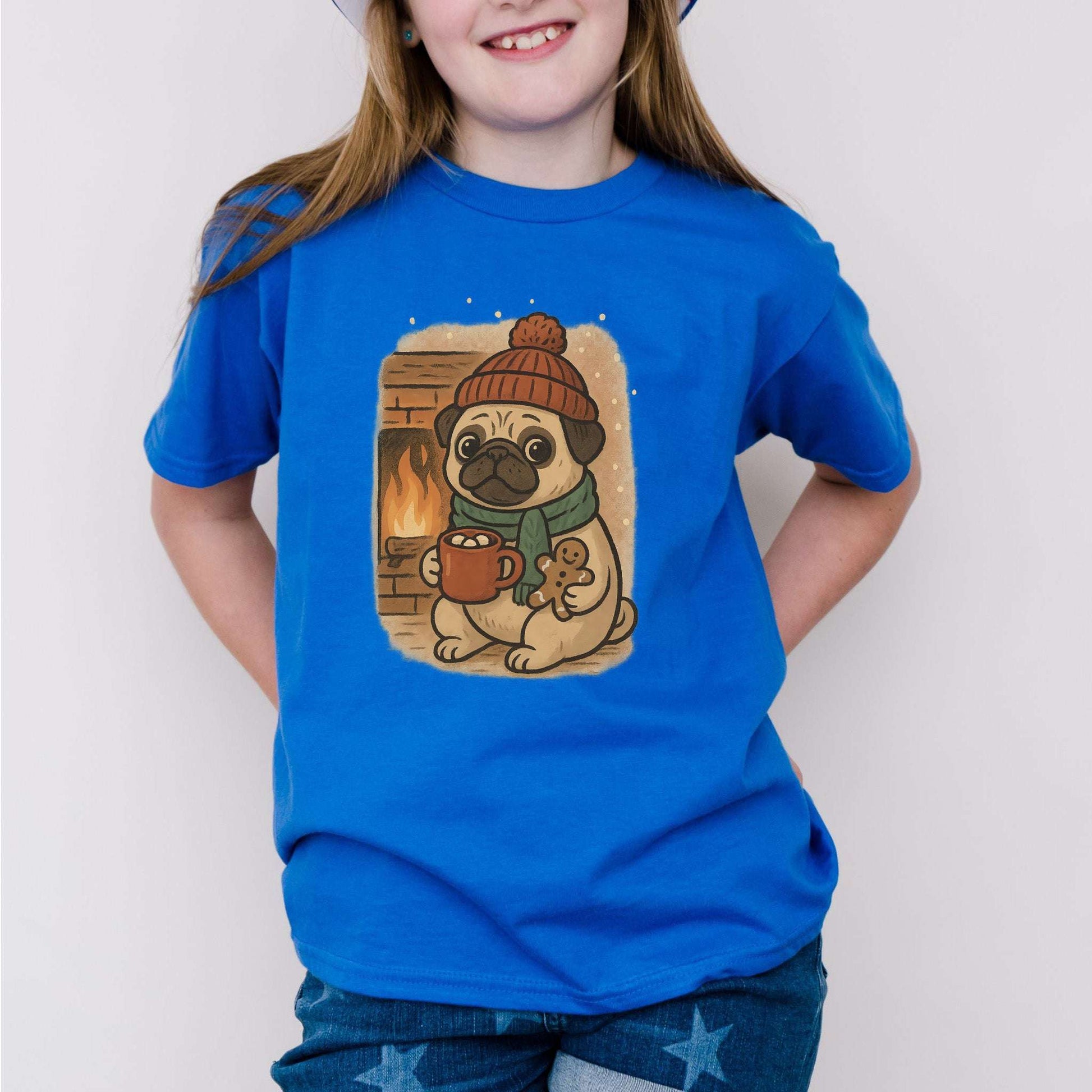 Hot Cocoa & Pug Hugs Kids T-Shirt – Cute Winter Dog Christmas Tee, Youth Tee