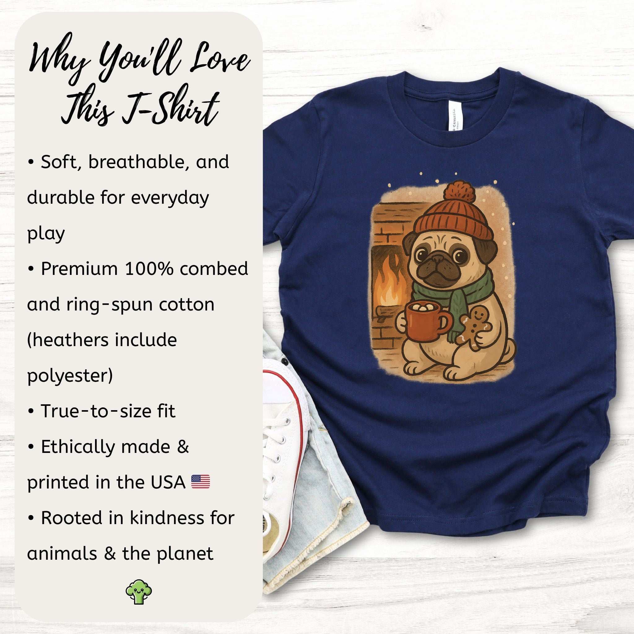 Hot Cocoa & Pug Hugs Kids T-Shirt – Cute Winter Dog Christmas Tee, Youth Tee