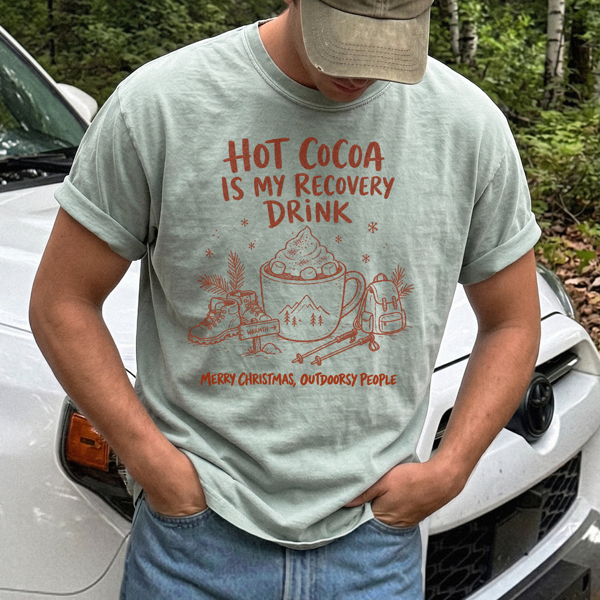 Hot Cocoa Is My Recovery Drink Comfort Colors Shirt – Hiking Christmas Tee