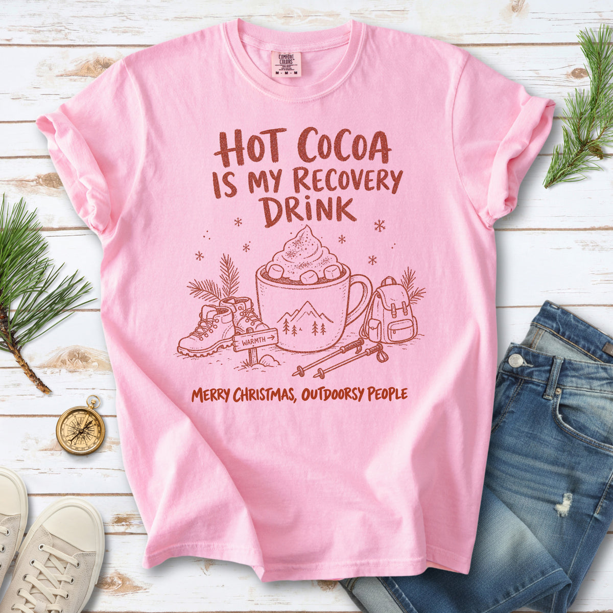 Hot Cocoa Is My Recovery Drink Comfort Colors Shirt – Hiking Christmas Tee