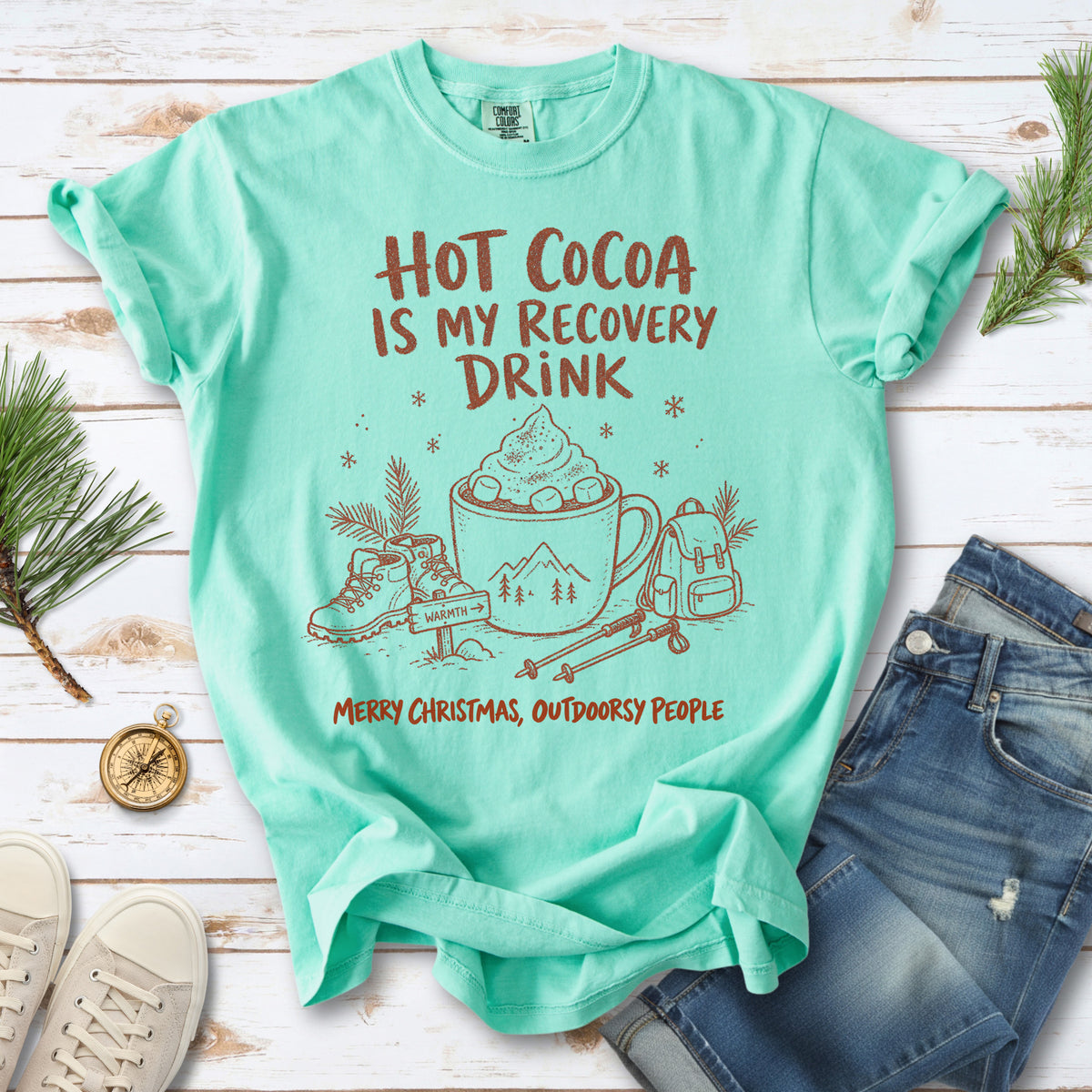 Hot Cocoa Is My Recovery Drink Comfort Colors Shirt – Hiking Christmas Tee