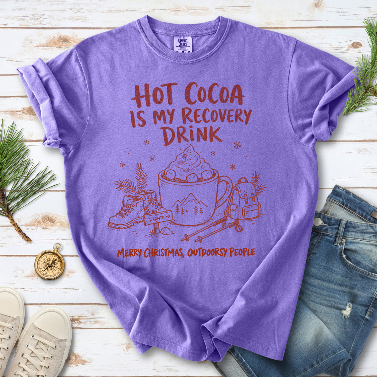 Hot Cocoa Is My Recovery Drink Comfort Colors Shirt – Hiking Christmas Tee