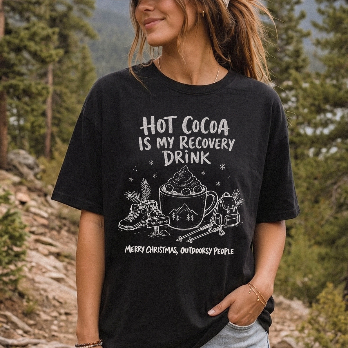 Hot Cocoa Is My Recovery Drink Comfort Colors Shirt – Hiking Christmas Tee