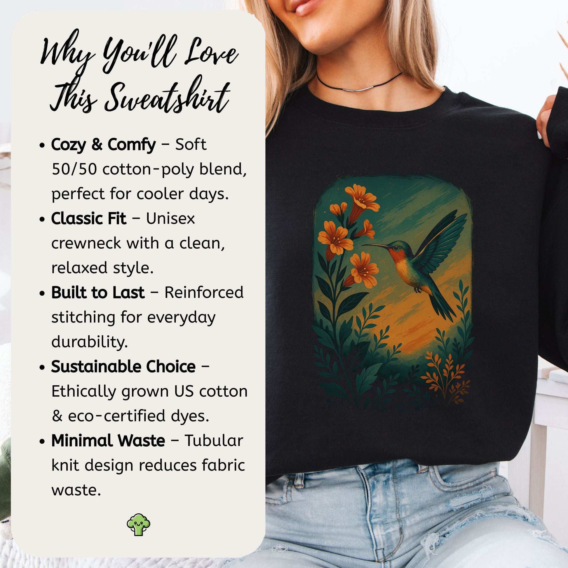 Hummingbird and Flower Sweatshirt – Spirit Animal Symbol of Joy & Lightness