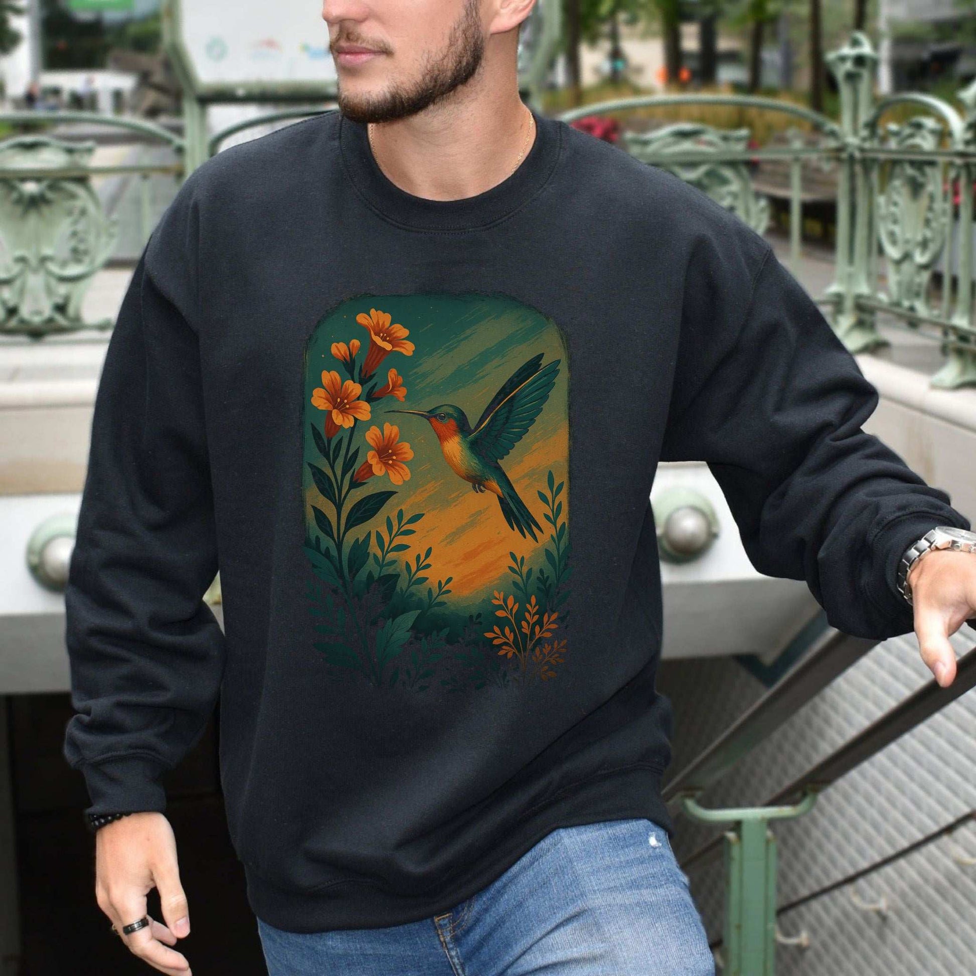 Hummingbird and Flower Sweatshirt – Spirit Animal Symbol of Joy & Lightness