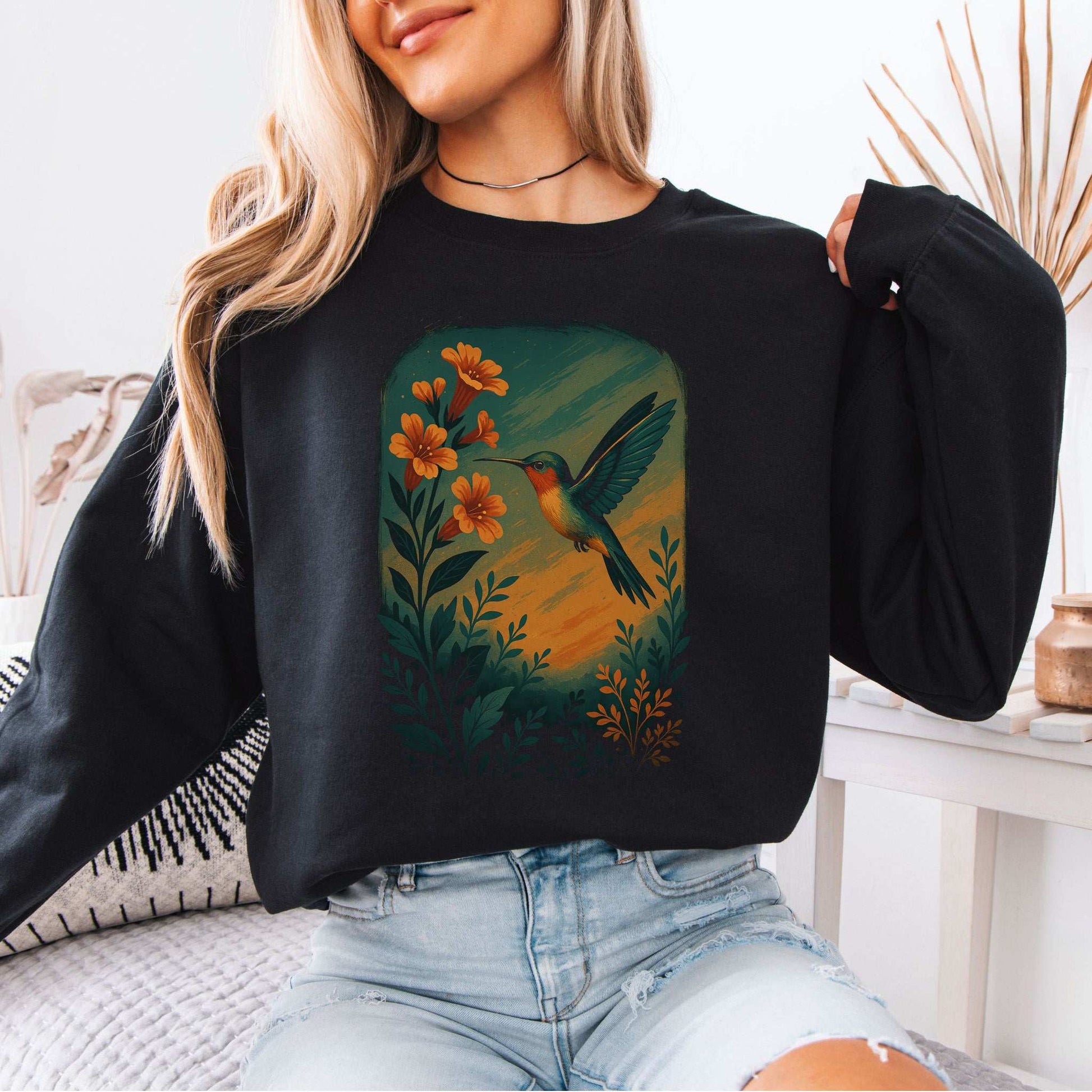 Hummingbird and Flower Sweatshirt – Spirit Animal Symbol of Joy & Lightness