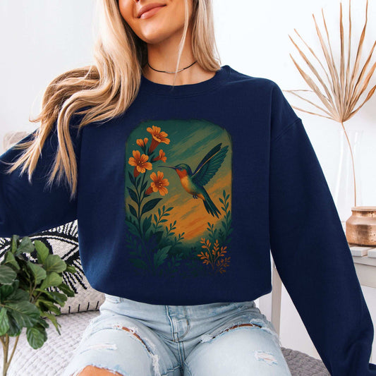 Hummingbird and Flower Sweatshirt – Spirit Animal Symbol of Joy & Lightness