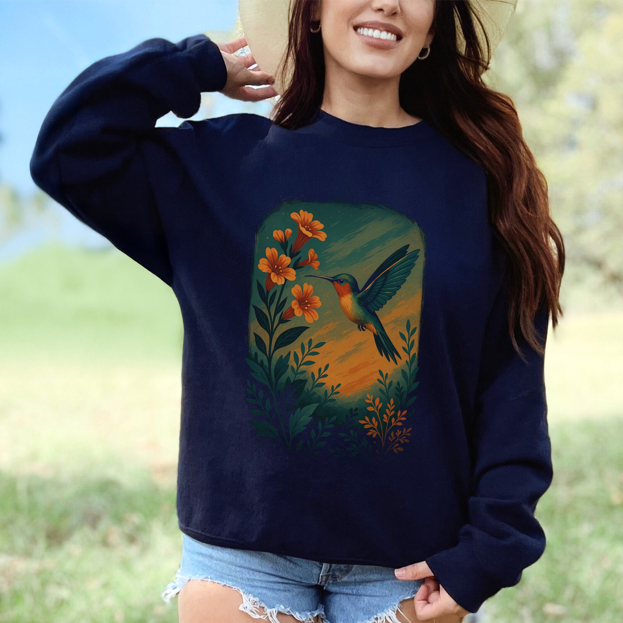 Hummingbird and Flower Sweatshirt – Spirit Animal Symbol of Joy & Lightness
